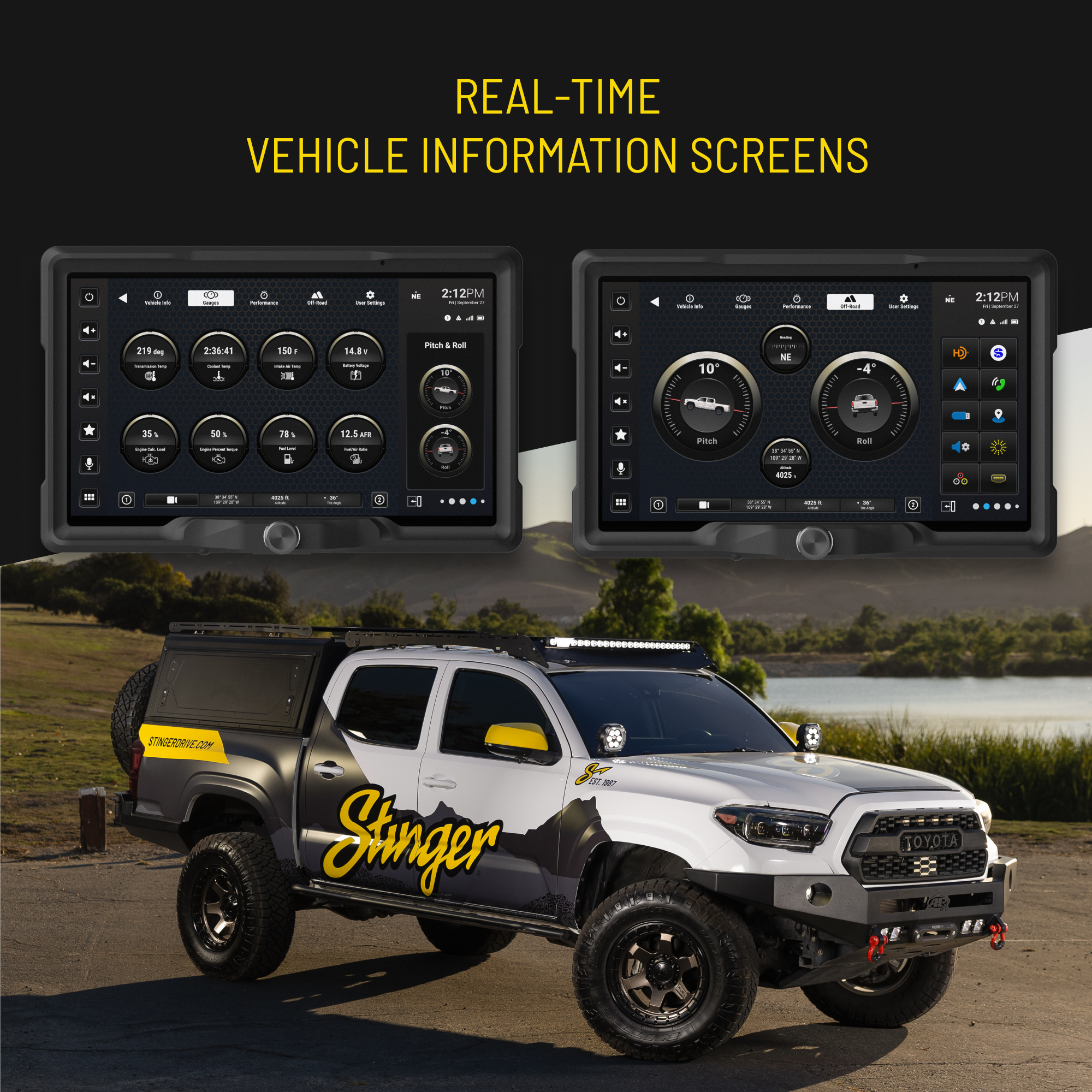 Two digital vehicle information screens displayed above a modified Toyota Tacoma truck parked near a lake