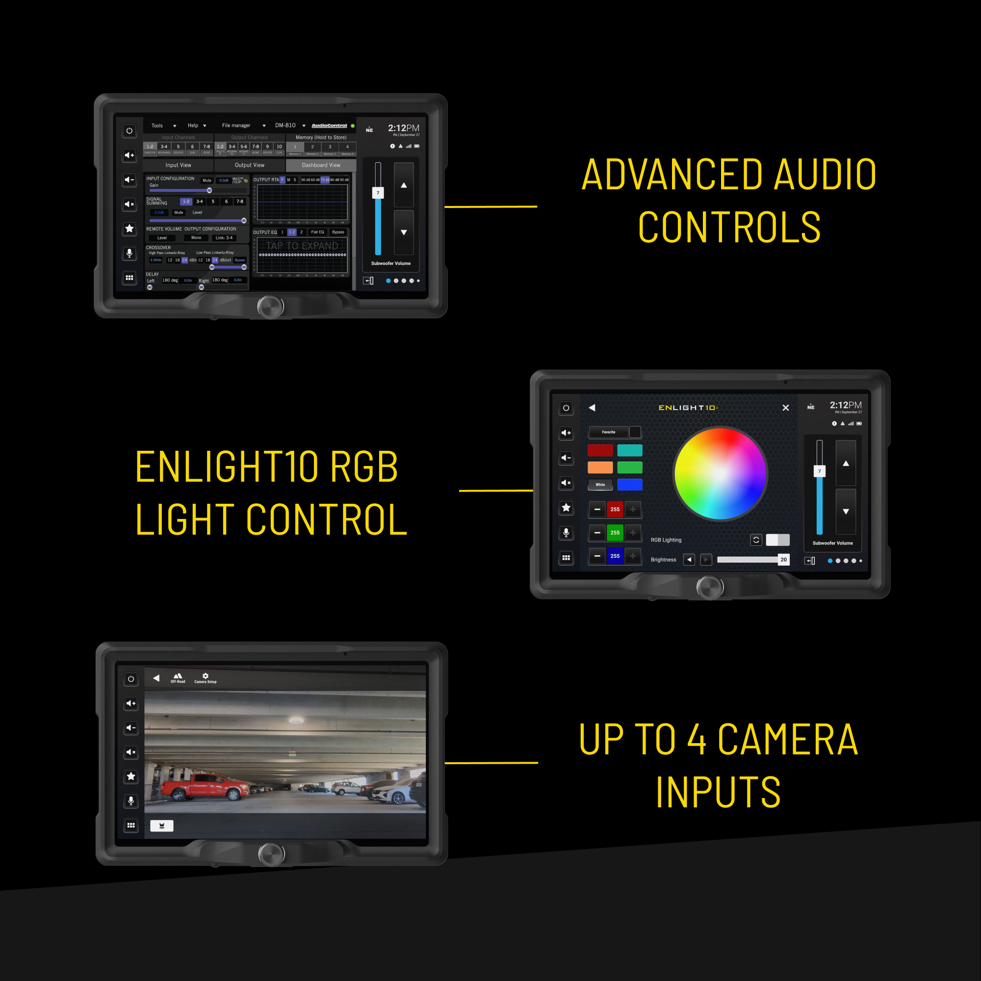 Digital display showing audio controls RGB light settings and camera input feeds