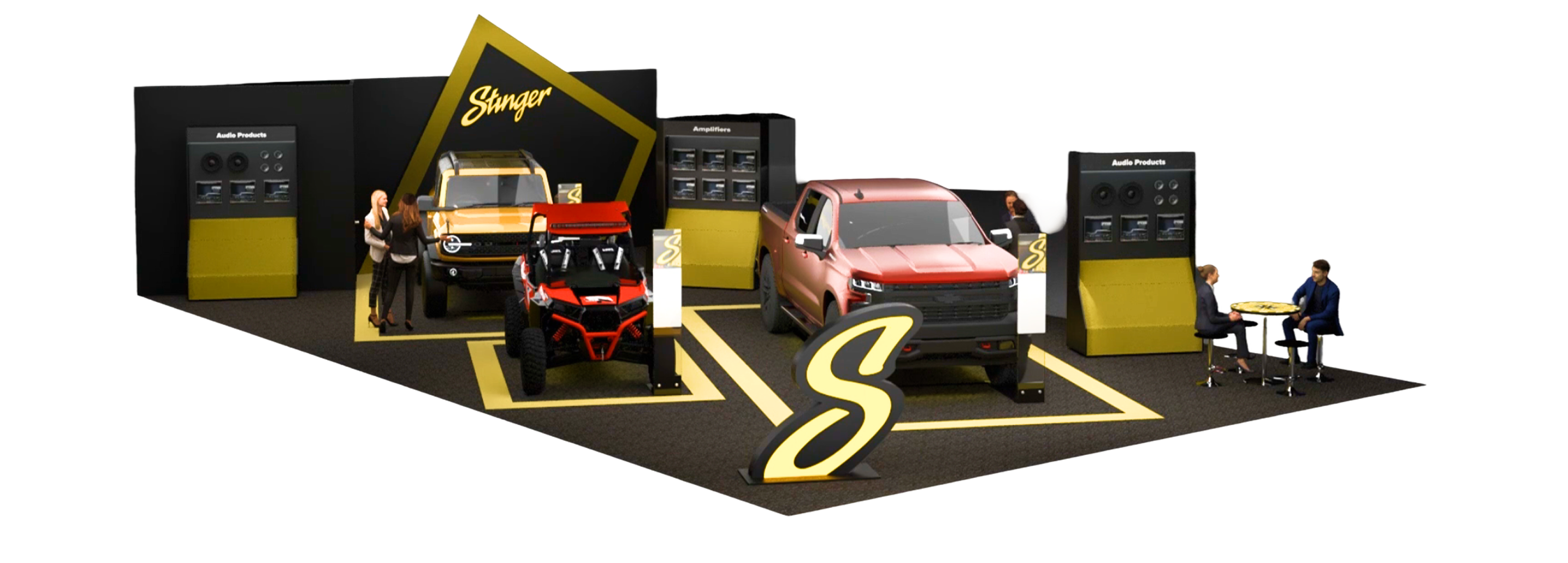A 3D digital render of a Stinger brand automotive display booth or showroom, featuring two vehicles (a red pickup truck and a red off-road vehicle) on a black floor with yellow painted lines, flanked by black and yellow control panels, with small human figures illustrating usage.