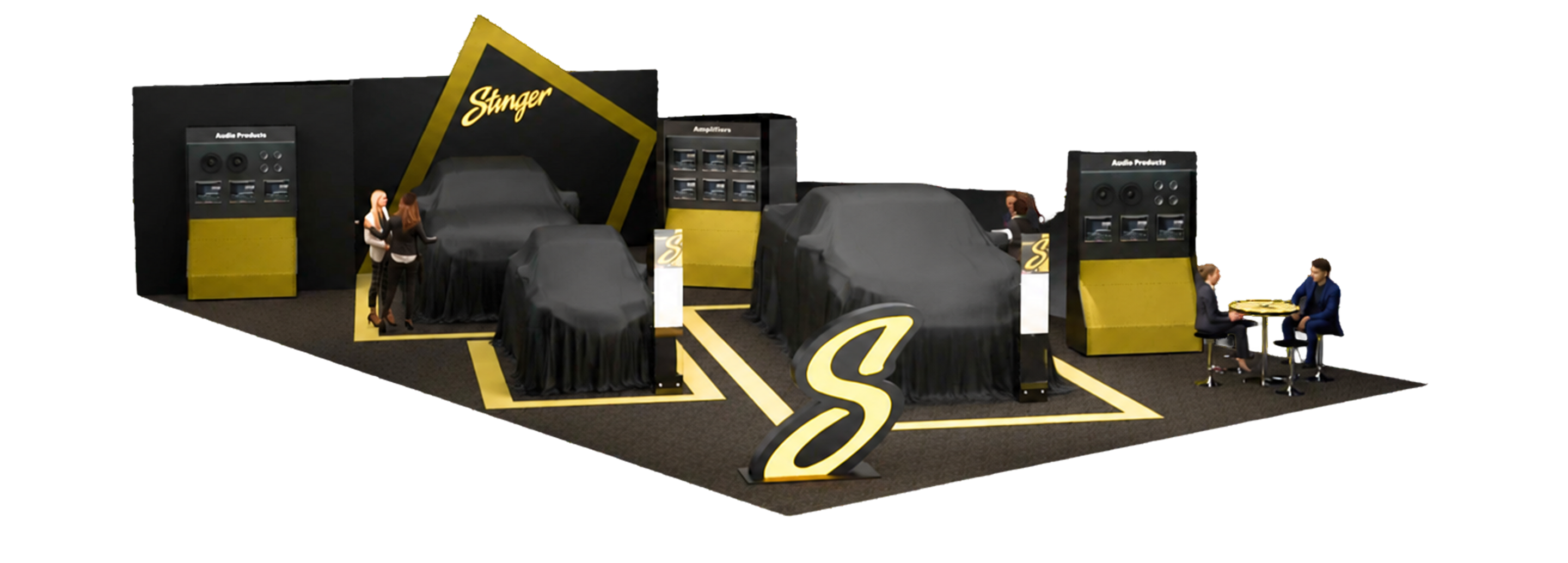 A stylized 3D rendering of a black and gold Slinger brand event or exhibition booth, featuring two draped mystery cars, branded display panels, a large illuminated 'S' sign on the floor, and small seated figures near the side tables.
