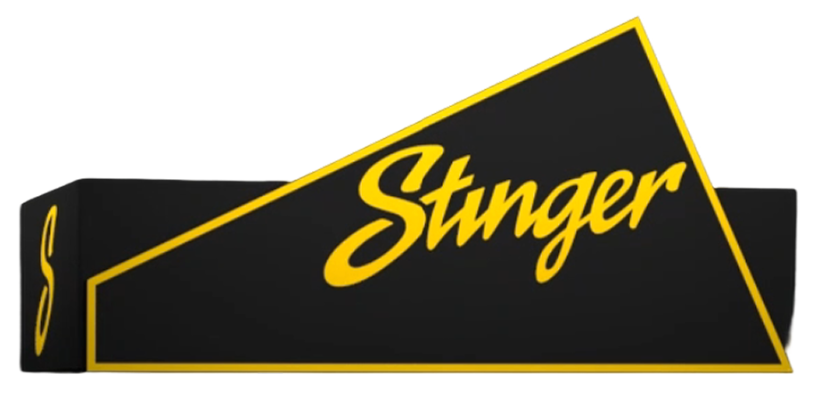 A black rectangular box with a triangular top panel, featuring the word 'Stinger' in yellow script and yellow border lines, shown on a plain white background.