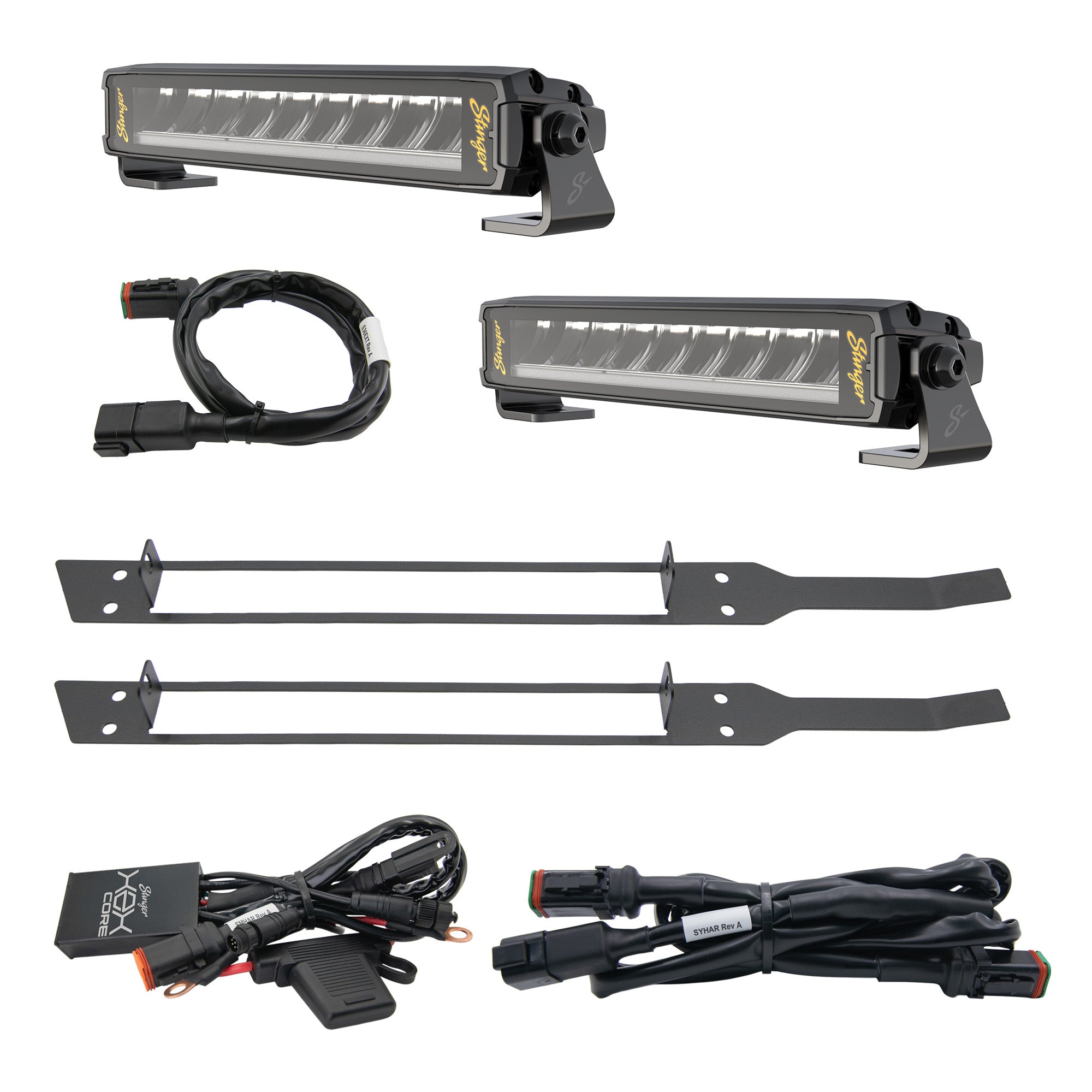 Off-road LED light kit with two black light bars, two mounting brackets, wiring harnesses, and a control box on a white background.