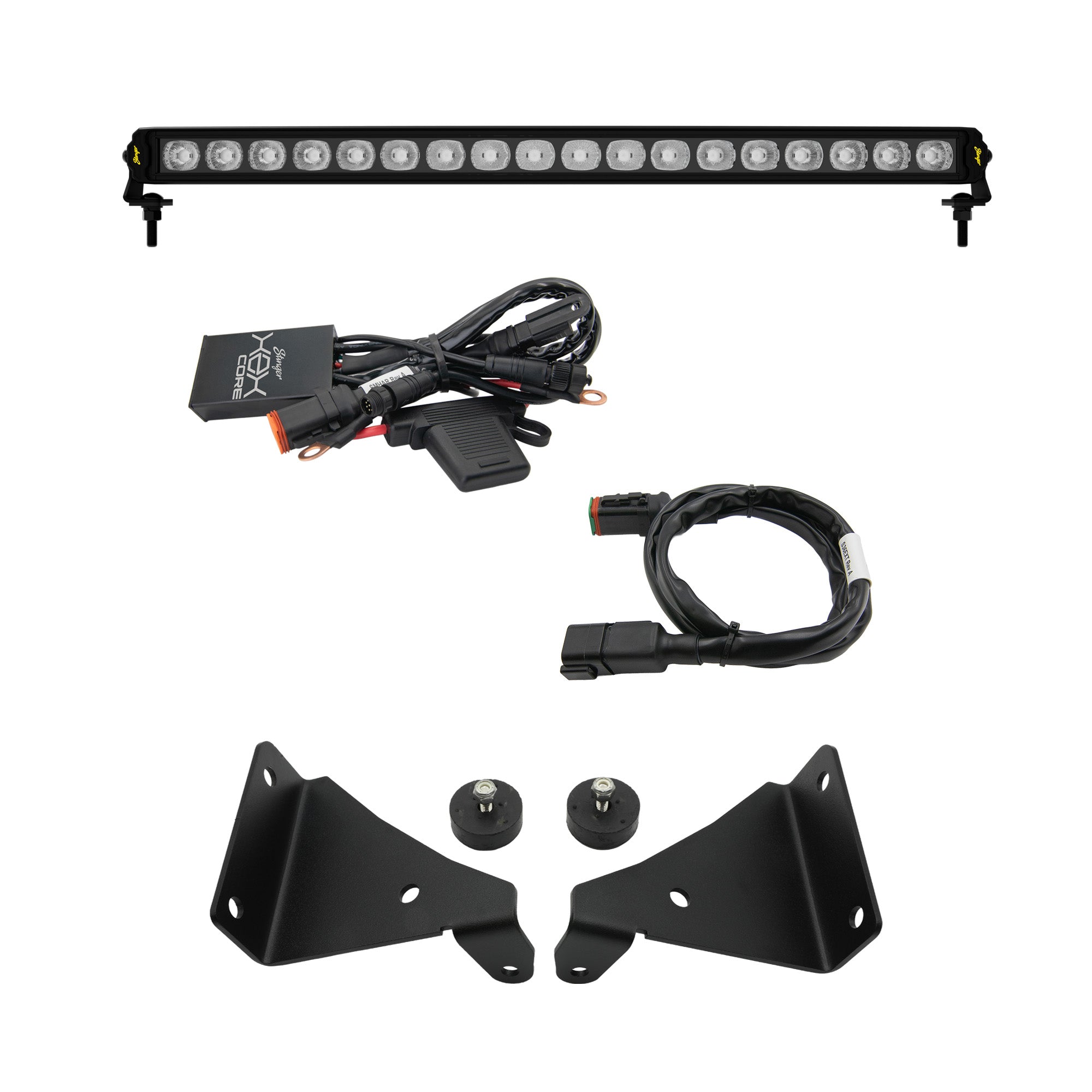 A black LED light bar kit with mounting hardware, including two black metal brackets, two black mounting bolts, wiring harnesses, and a small black control box, all arranged on a plain white background.