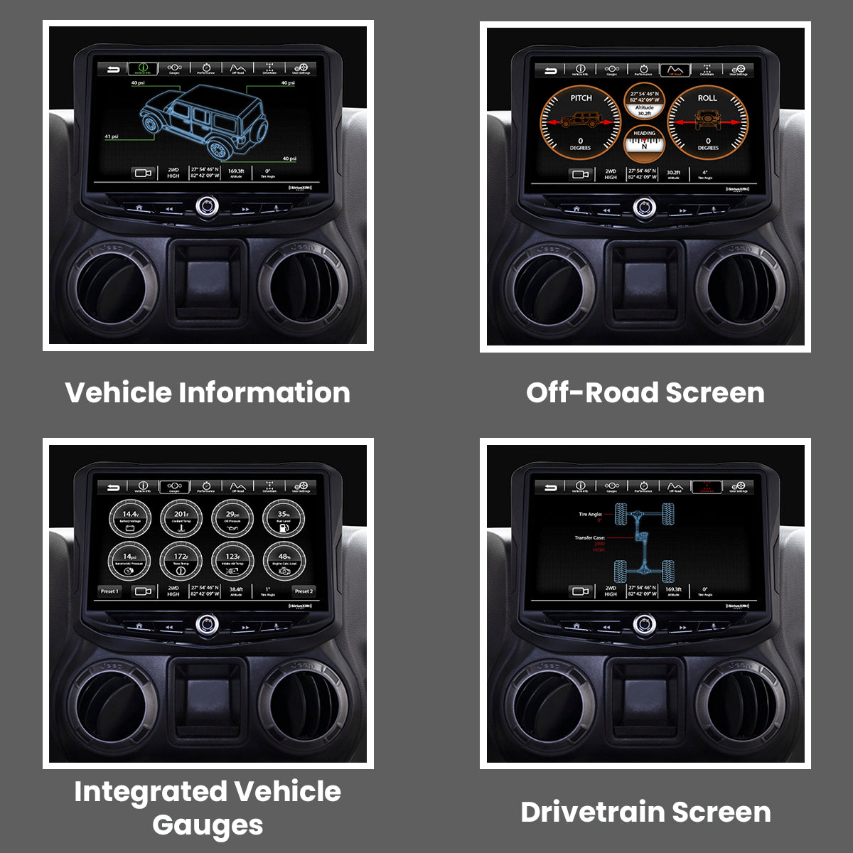 HEIGH10 Jeep Wrangler JK (2011-2018) 10" Radio Fully Integrated Kit | Displays Vehicle Information and Off-Road Mode