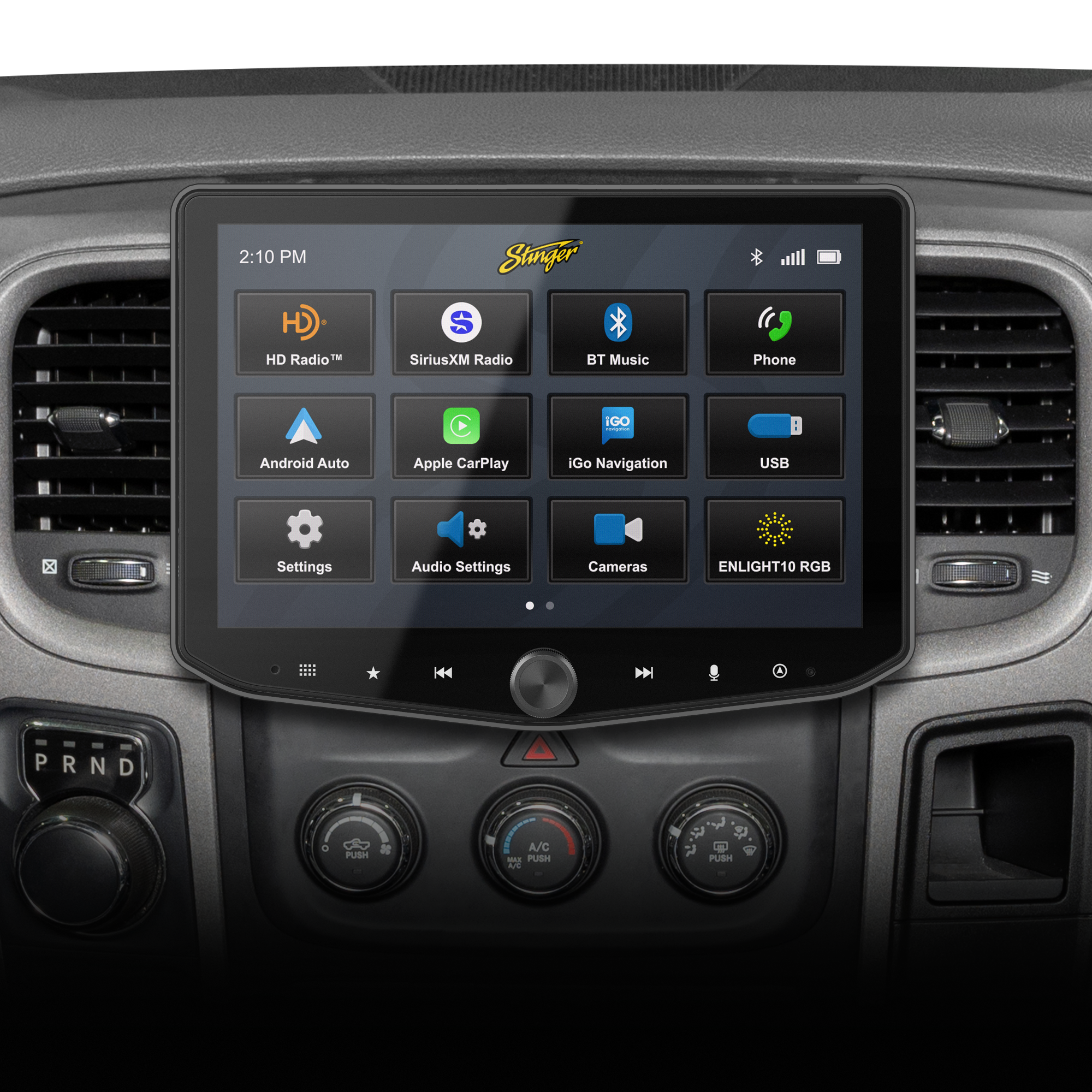 Stinger infotainment touchscreen display mounted in a vehicle dashboard