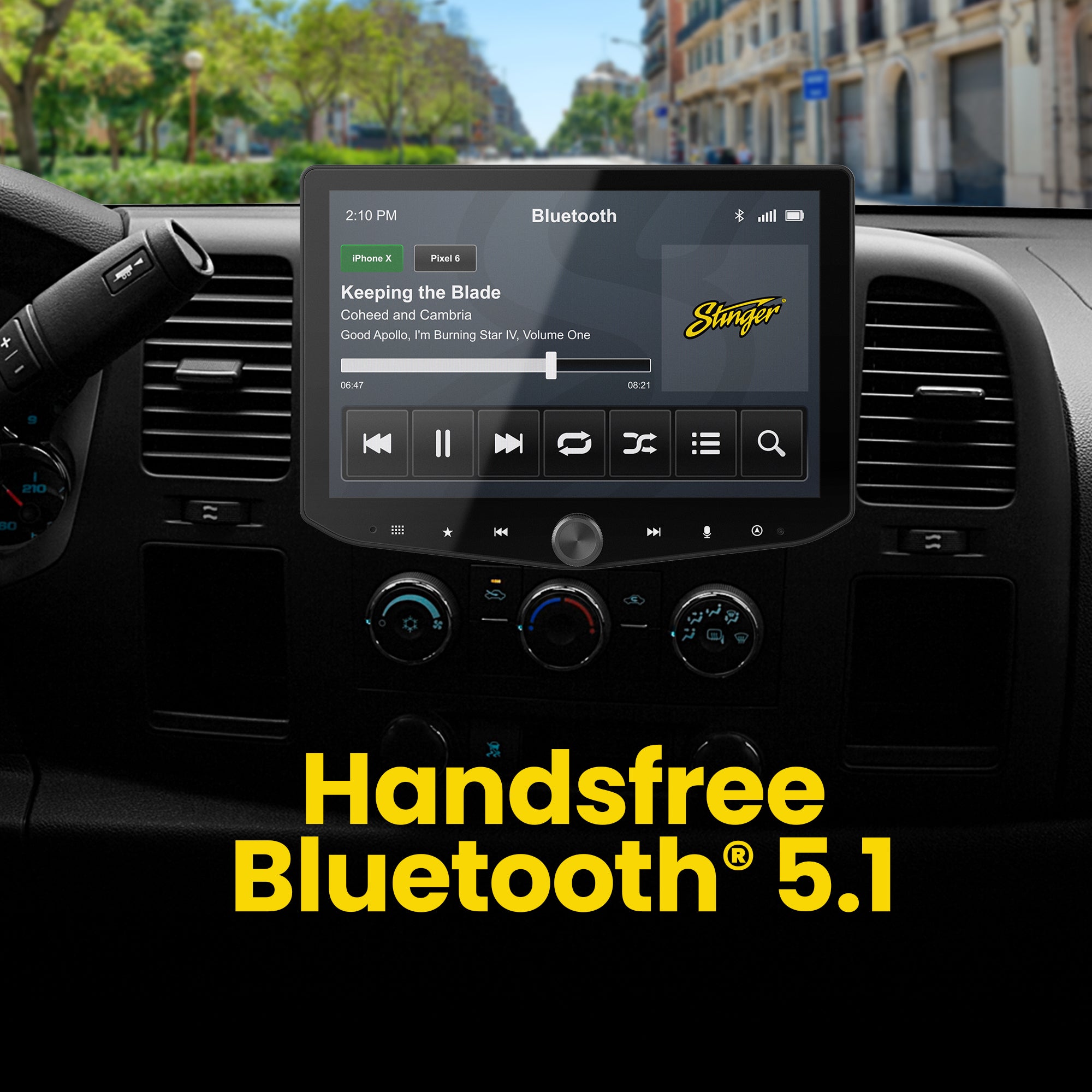 Stinger car stereo display showing Bluetooth music interface