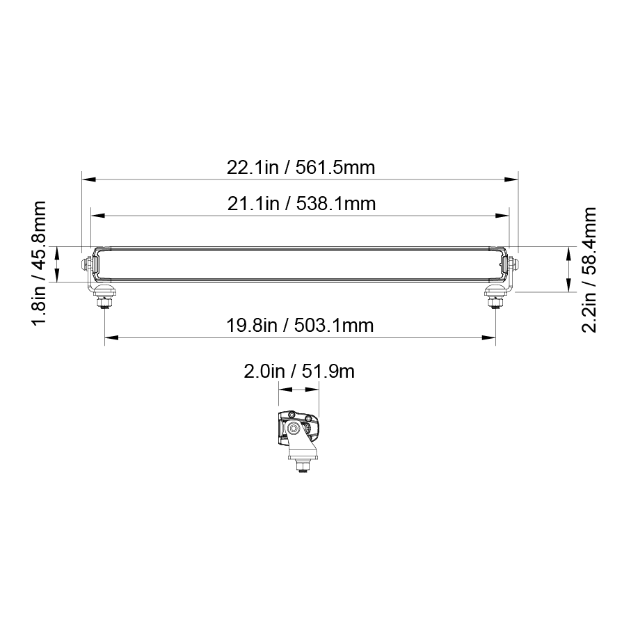 Stinger light bar technical drawing with dimensions in inches and millimeters