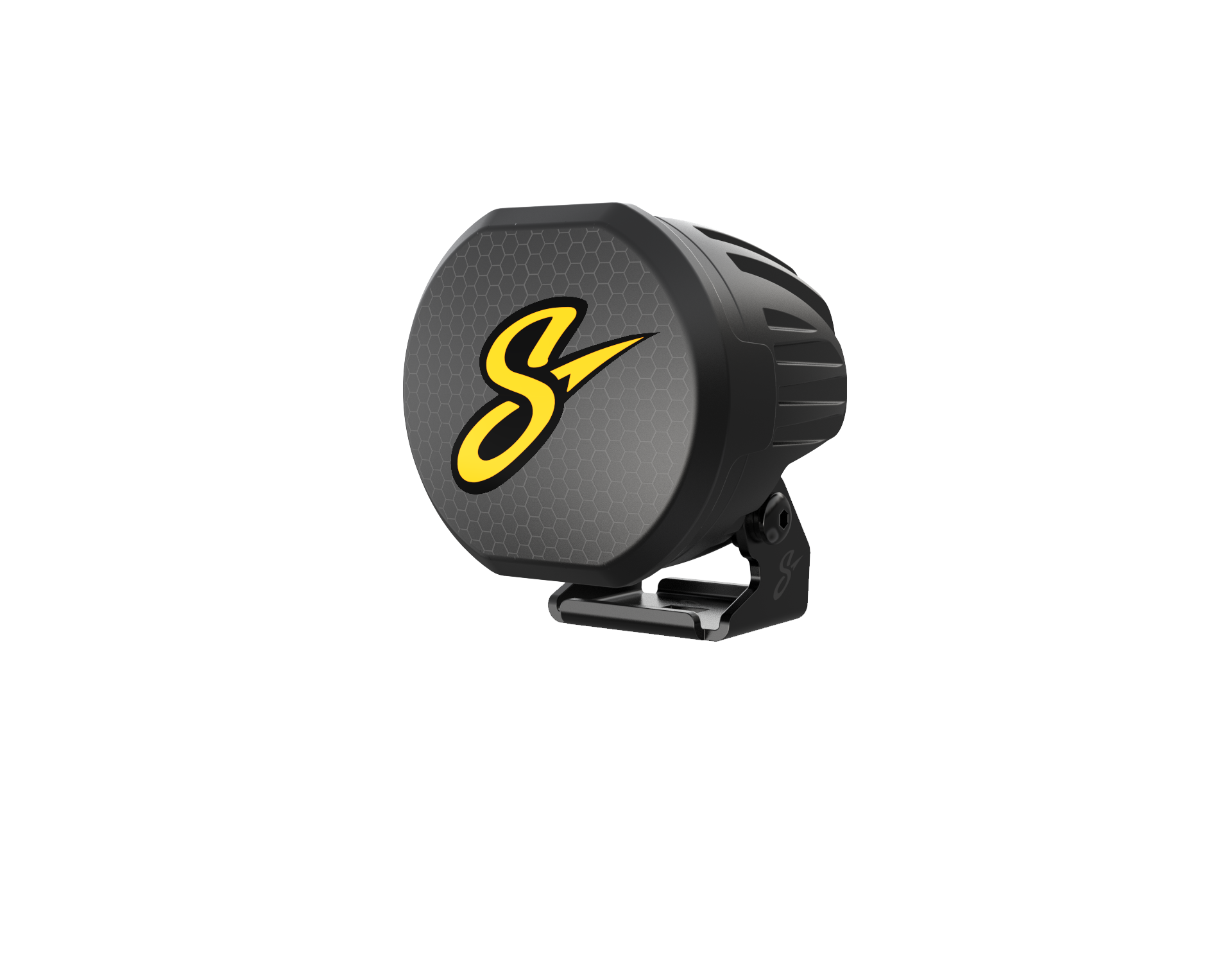 Round black LED off road light with yellow S logo and honeycomb pattern cover