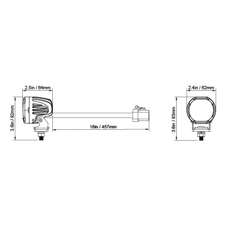 Stinger LED light technical drawing with dimensions in inches and millimeters