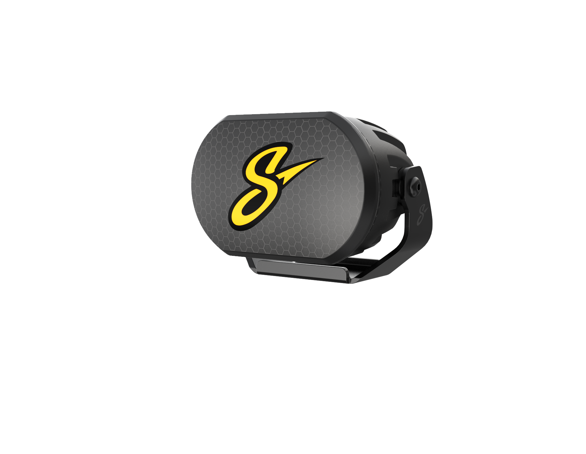 Oval LED work light with a yellow S logo on a honeycomb pattern lens and black mounting bracket