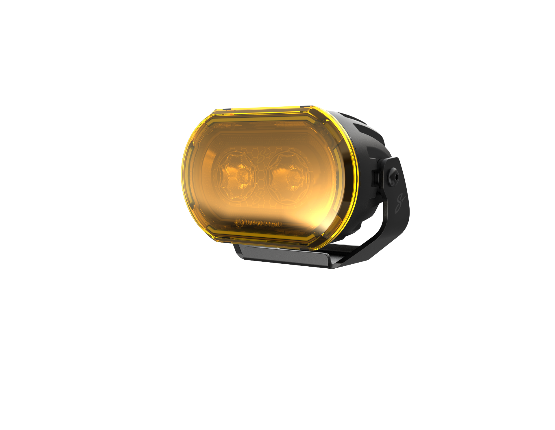 Oval automotive LED light with amber lens and black mounting bracket