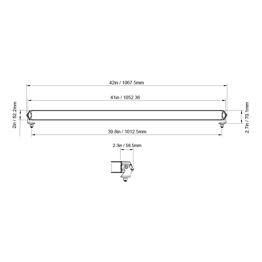 Stinger light bar technical dimension diagram showing length height and depth measurements