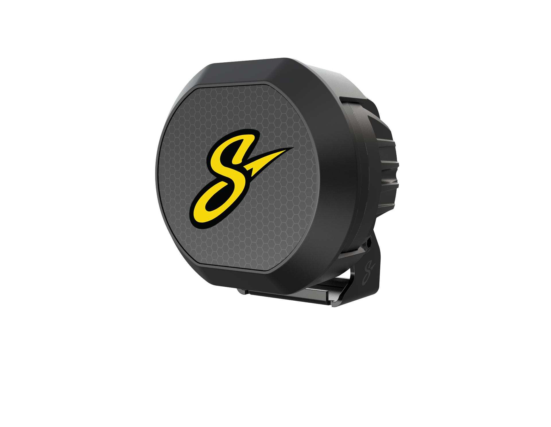 Round black LED off road light with yellow S logo and honeycomb pattern cover