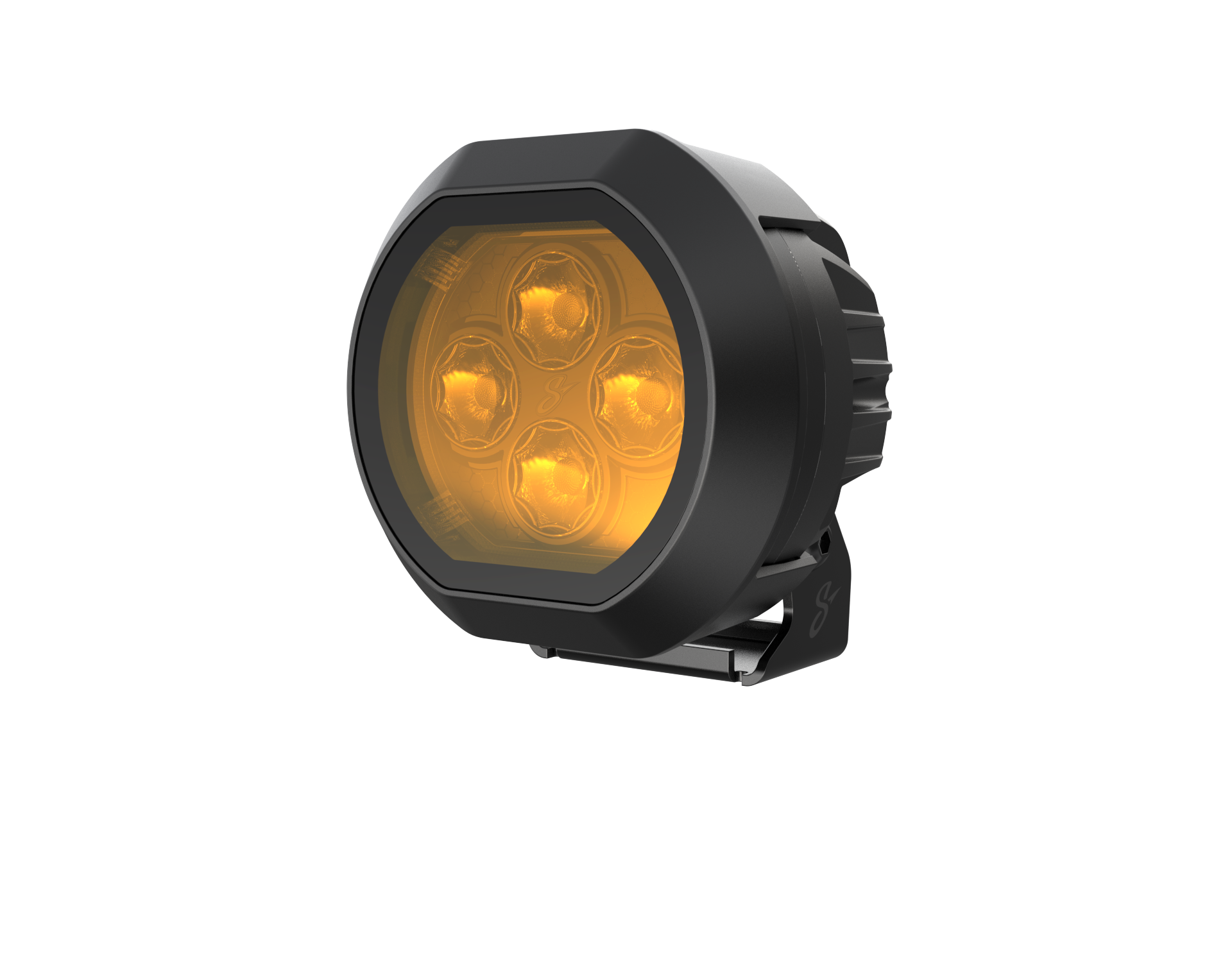 Round black LED off road light with amber lens and four internal reflectors