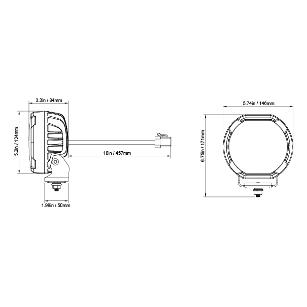 Stinger light pod technical drawing with dimensions in inches and millimeters