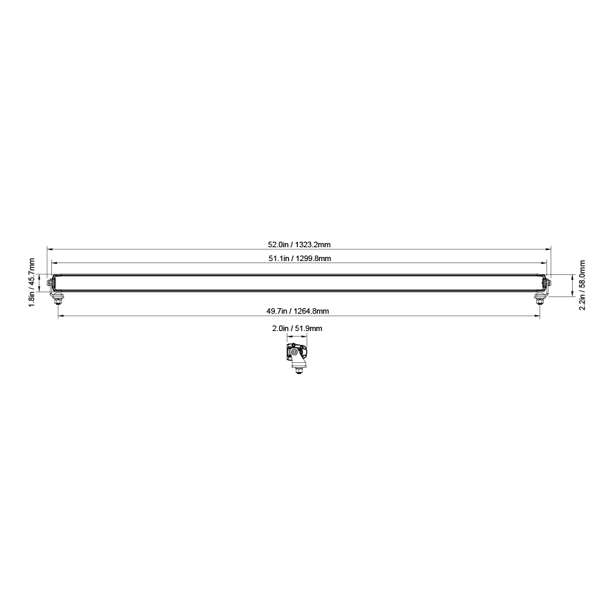 Stinger light bar technical diagram with dimensions in inches and millimeters