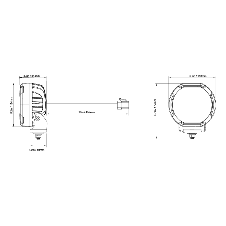 Stinger round LED light technical drawing with dimensions in inches and millimeters