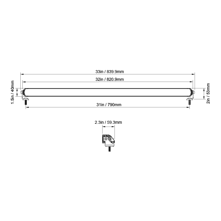 Stinger light bar technical dimension drawing showing length height and depth measurements