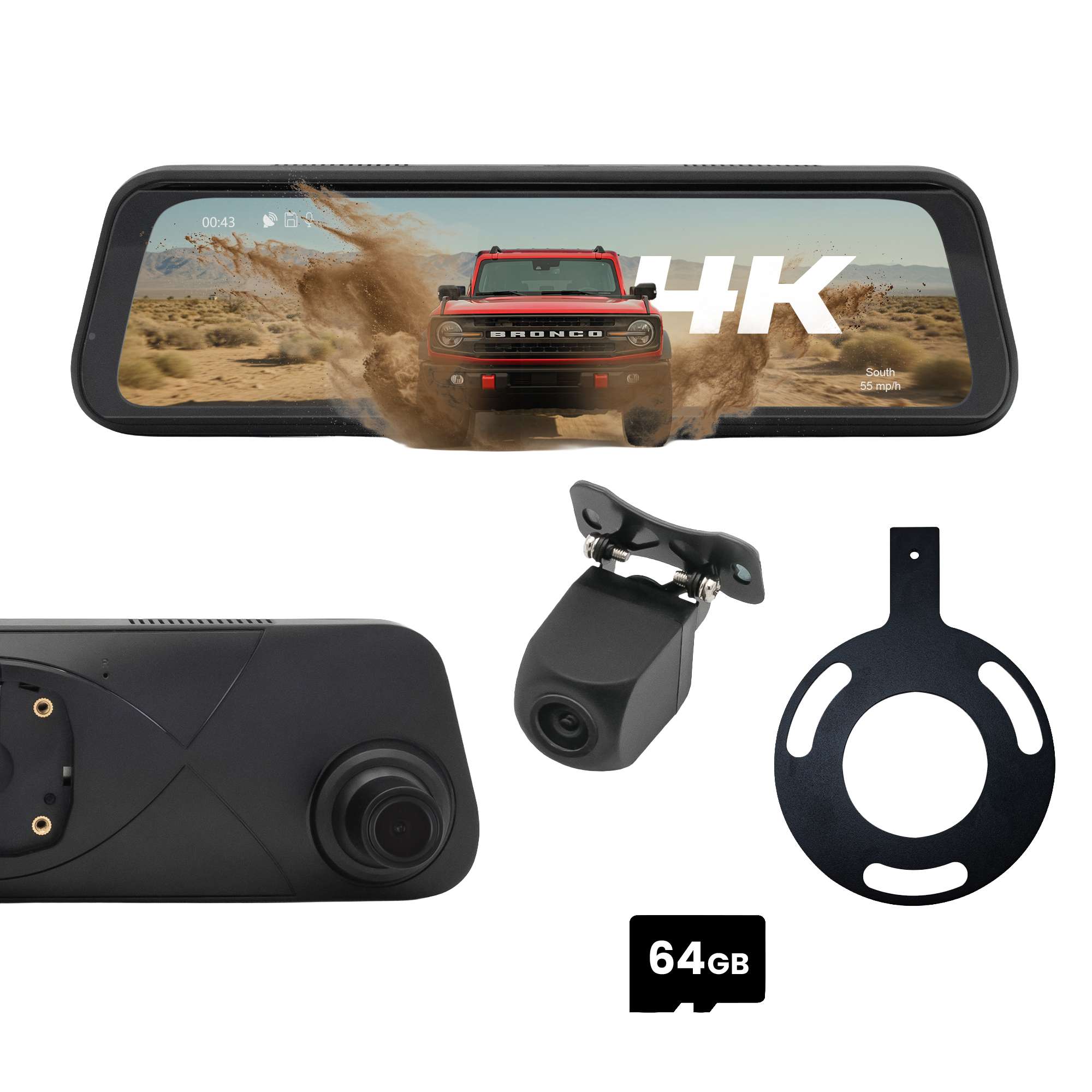 Stinger STR4K 9.66" 4K RearView DVR Monitor Mirror Camera | Front & Rear Dash/Backup Camera Kit