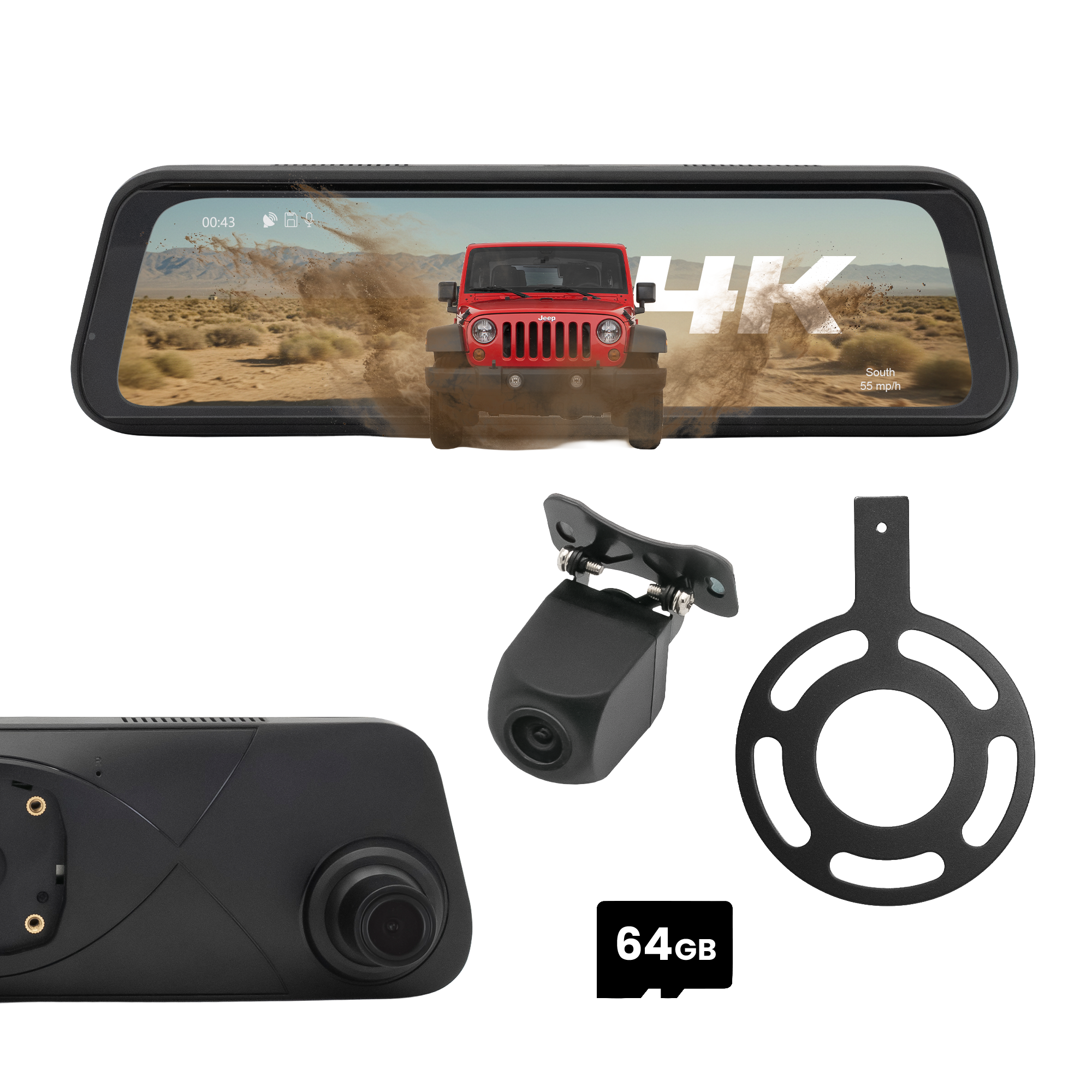 Stinger STR4K 9.66" 4K RearView DVR Monitor Mirror Camera | Front & Rear Dash/Backup Camera Kit