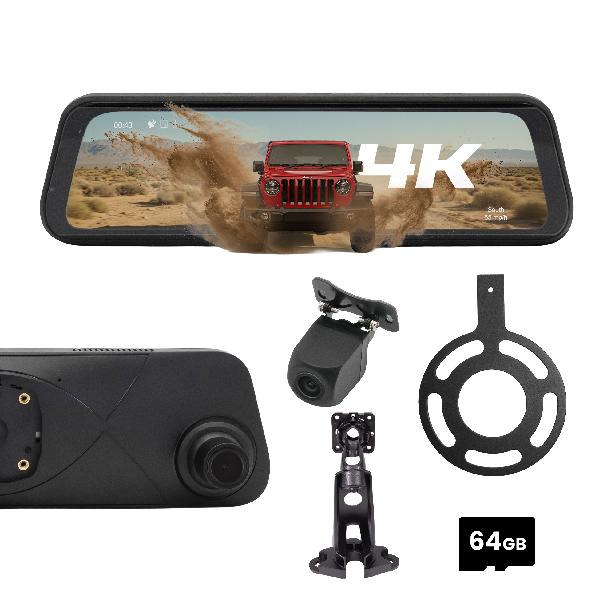 Stinger STR4K 9.66" 4K RearView DVR Monitor Mirror Camera | Front & Rear Dash/Backup Camera Kit