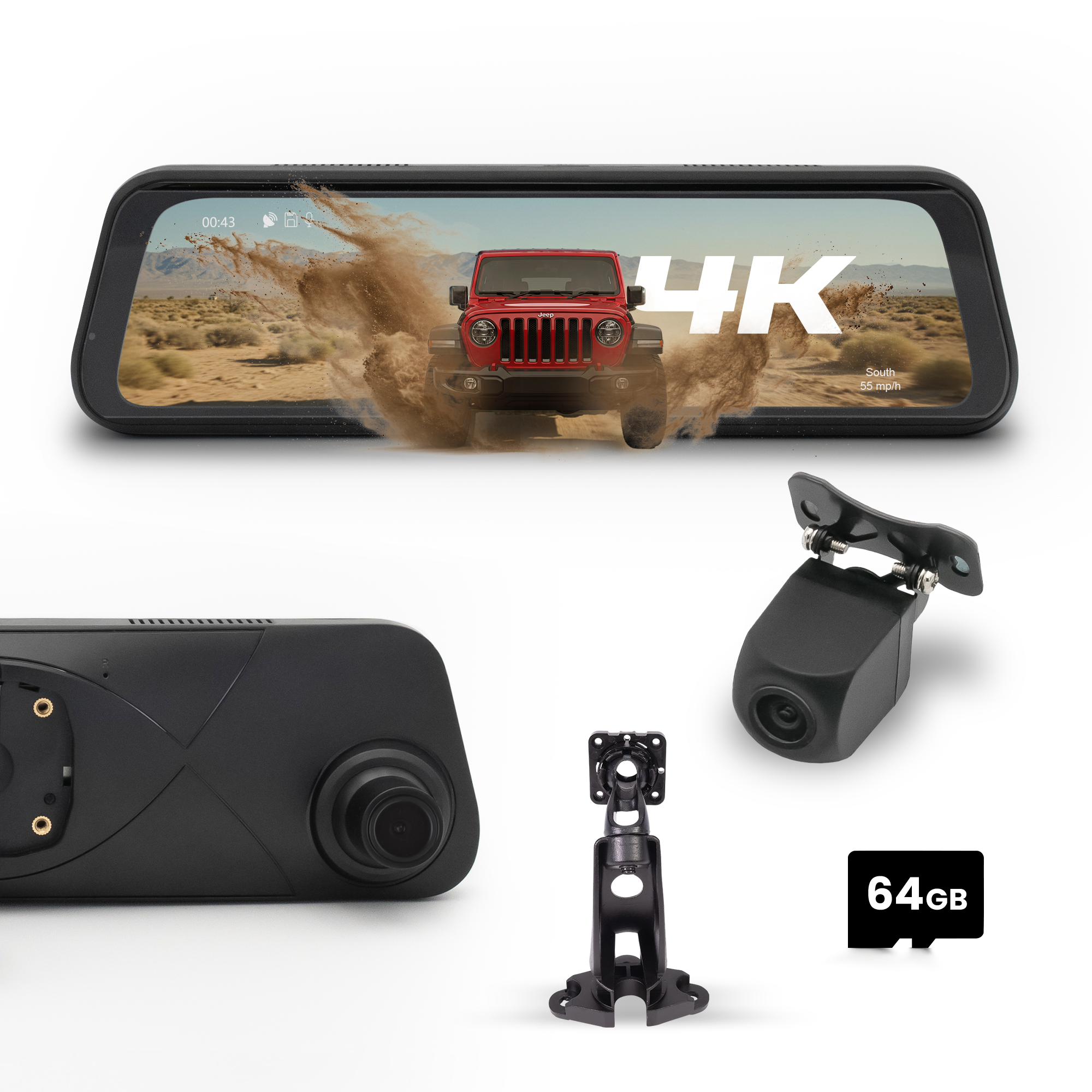 Stinger STR4K 9.66" 4K RearView DVR Monitor Mirror Camera | Front & Rear Dash/Backup Camera Kit