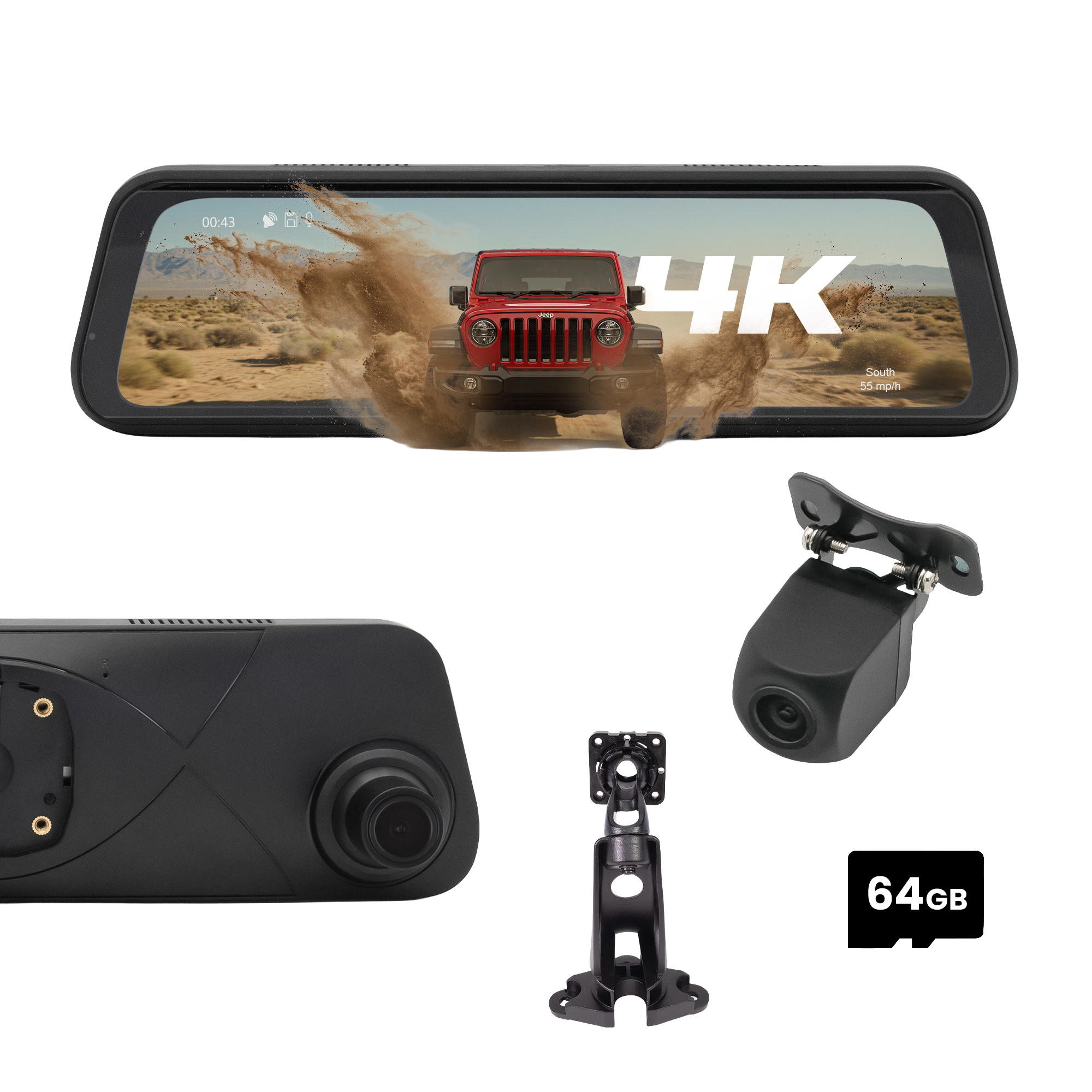 Stinger STR4K 9.66" 4K RearView DVR Monitor Mirror Camera | Front & Rear Dash/Backup Camera Kit