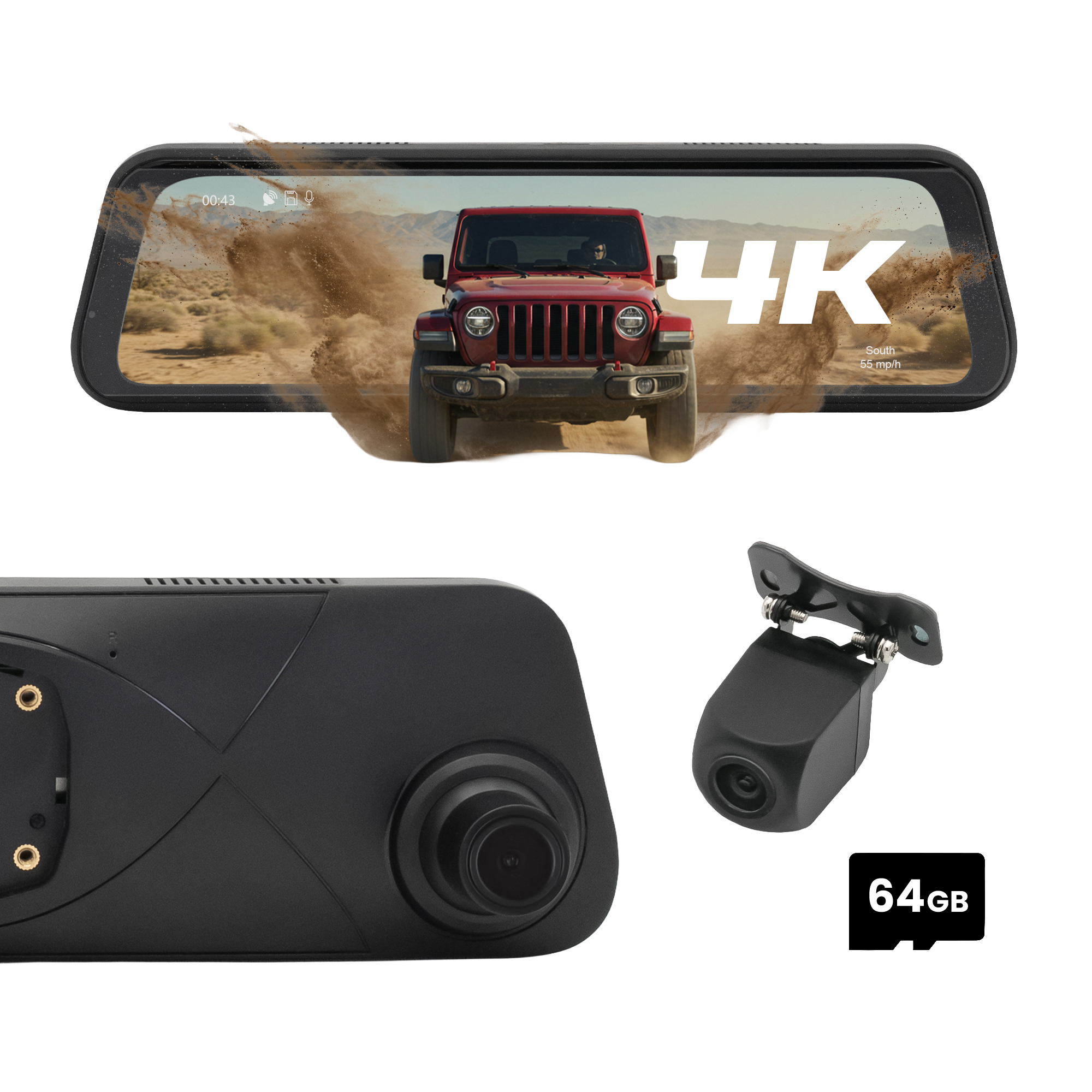 Stinger STR4K 9.66" 4K RearView DVR Monitor Mirror Camera | Front & Rear Dash/Backup Camera Kit