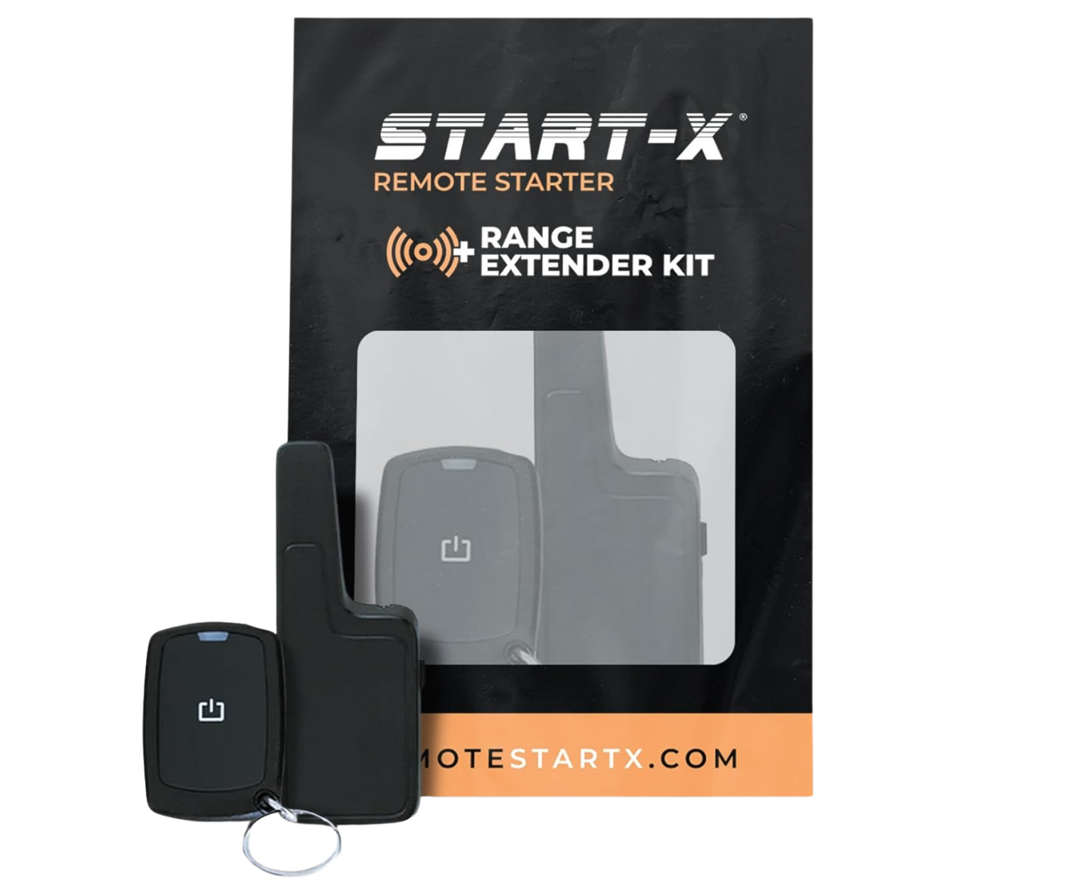 Start-X Remote Starter Range Extender Kit showing the black retail box with a clear window and two black electronic units in front on a white background.