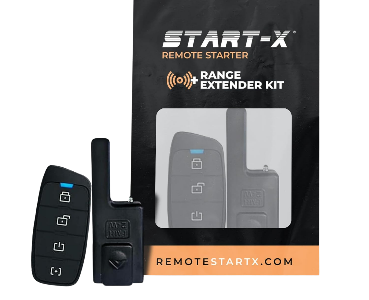 Start-X remote starter and range extender kit packaging with remote control on a white background