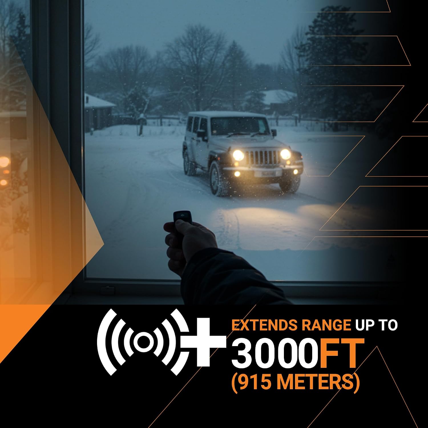 Person holding a remote control in front of a snowy landscape with a vehicle, emphasizing range extension feature.