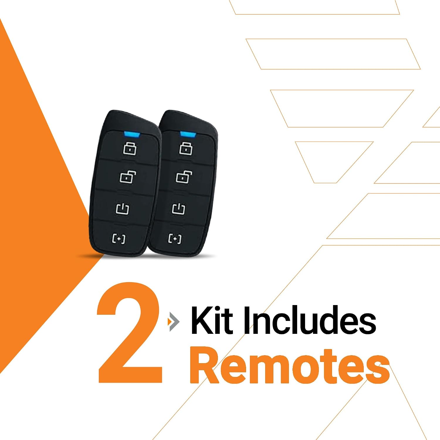 Two black keyless entry remote controls displayed on a white background with orange graphic accents and the text '2 Kit Includes Remotes'.