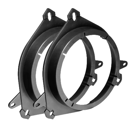 Two black plastic car speaker mounting adapter rings