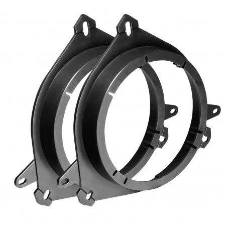 Two black plastic car speaker mounting adapter rings