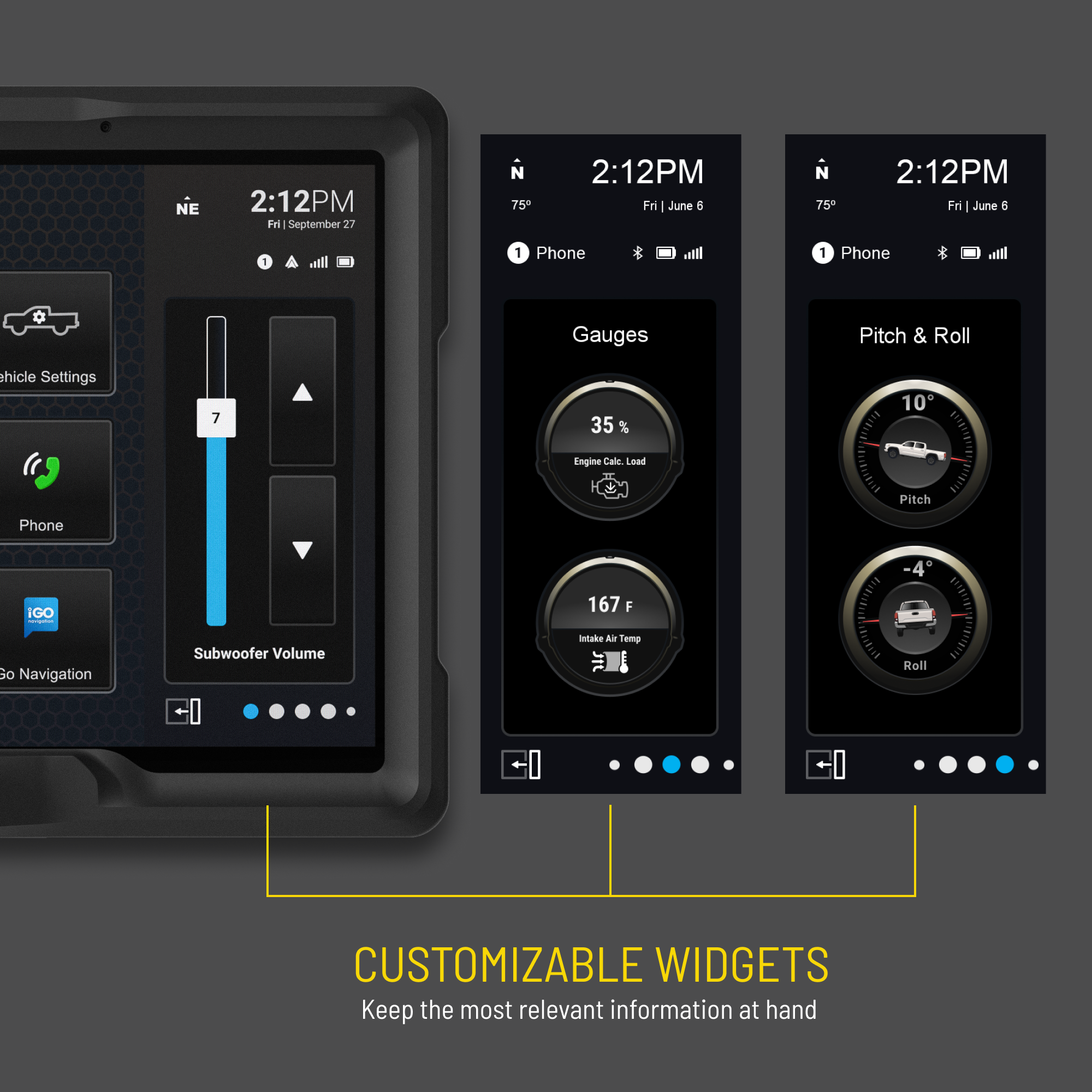 Digital vehicle dashboard interface showing customizable widgets for subwoofer volume gauges and pitch and roll data