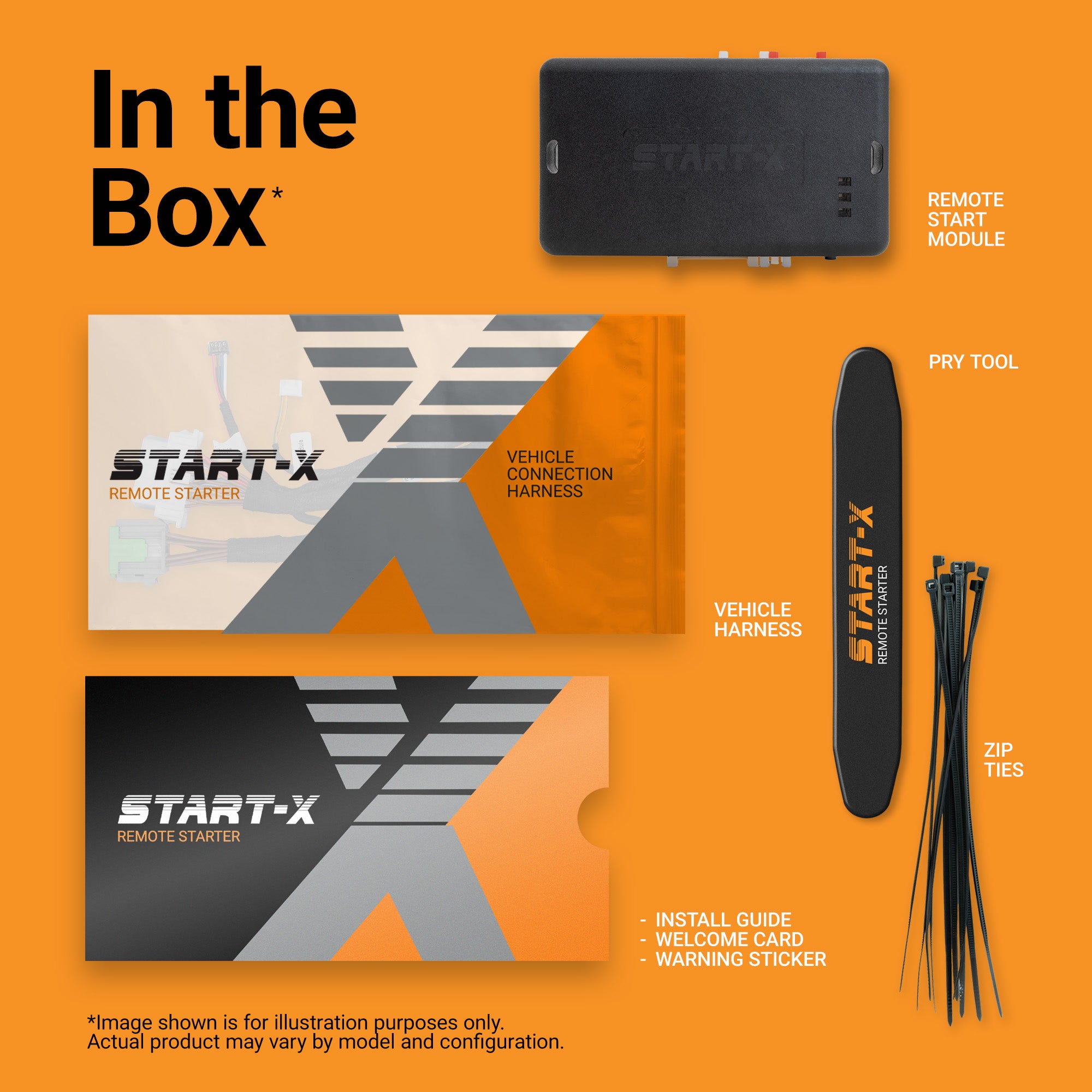 Start-X Remote Starter kit shown in its box contents on a bright orange background, including a black remote start module, vehicle connection harness, vehicle harness, pry tool, zip ties, and printed accessories. The Start-X branding is visible on the module, packaging, and tool.