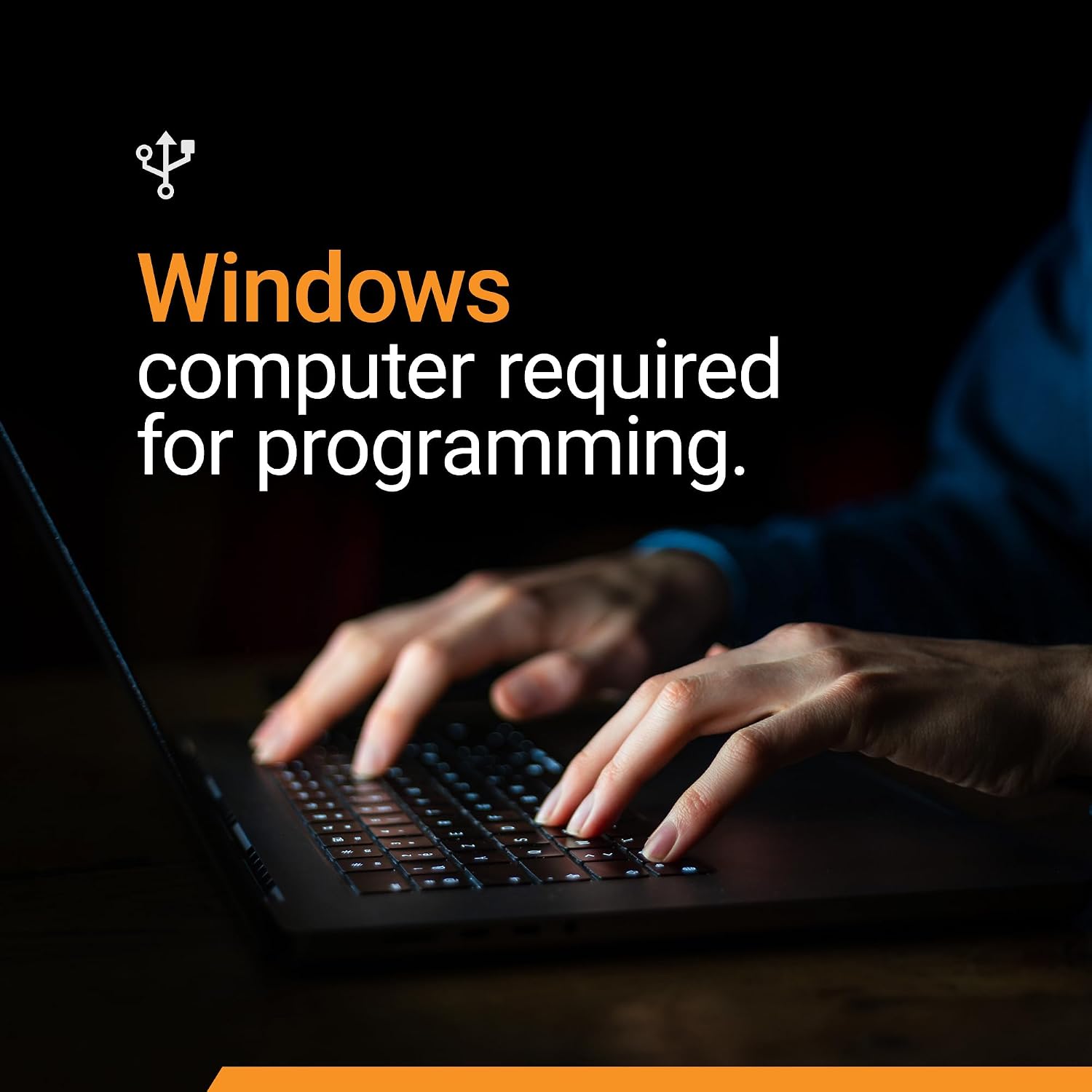 Person typing on a laptop with text about Windows computer requirement for programming.