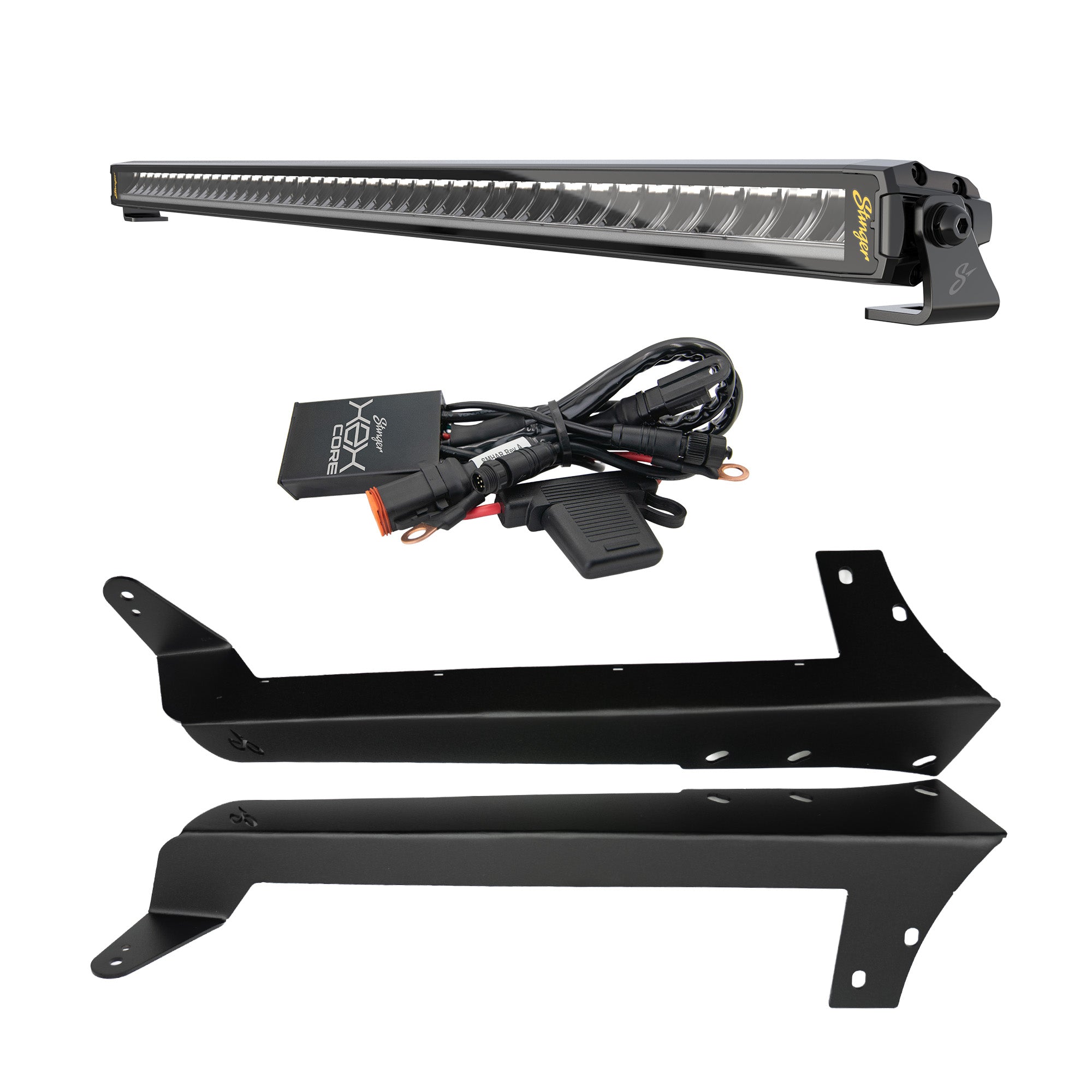 A black LED off-road light bar kit with mounting brackets and wiring harness, displayed on a clean white background.