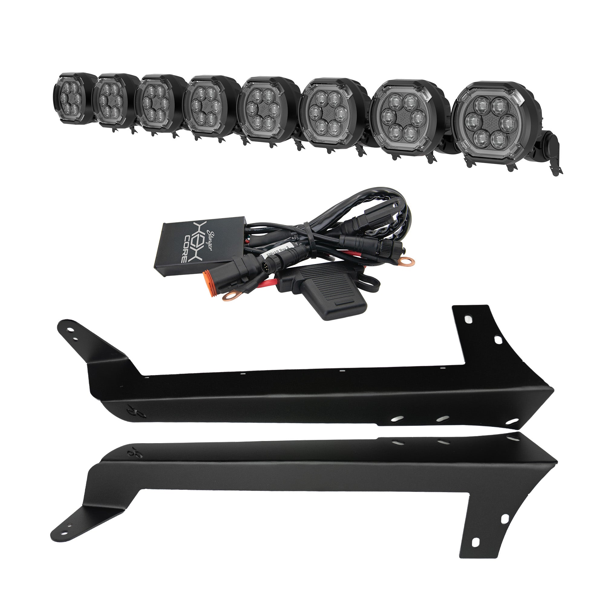 A 8-light LED hero light bar kit with black metal mounting brackets and wiring harness, shown on a solid white background.