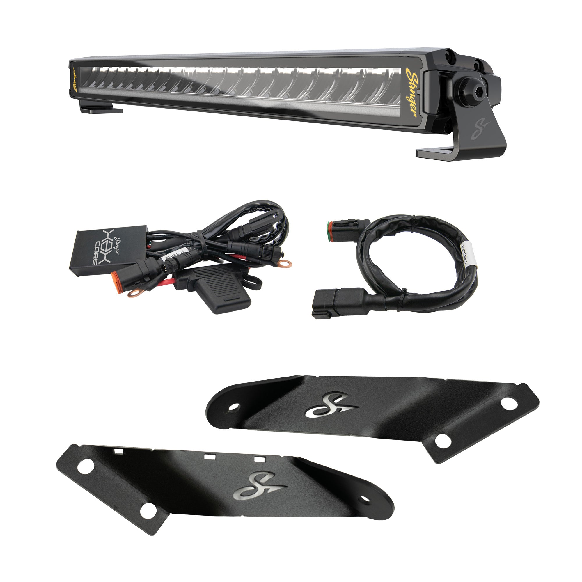 A black LED light bar kit with mounting hardware, including a long light bar, two black metal brackets, wiring harnesses, and connectors, displayed on a clean white background.