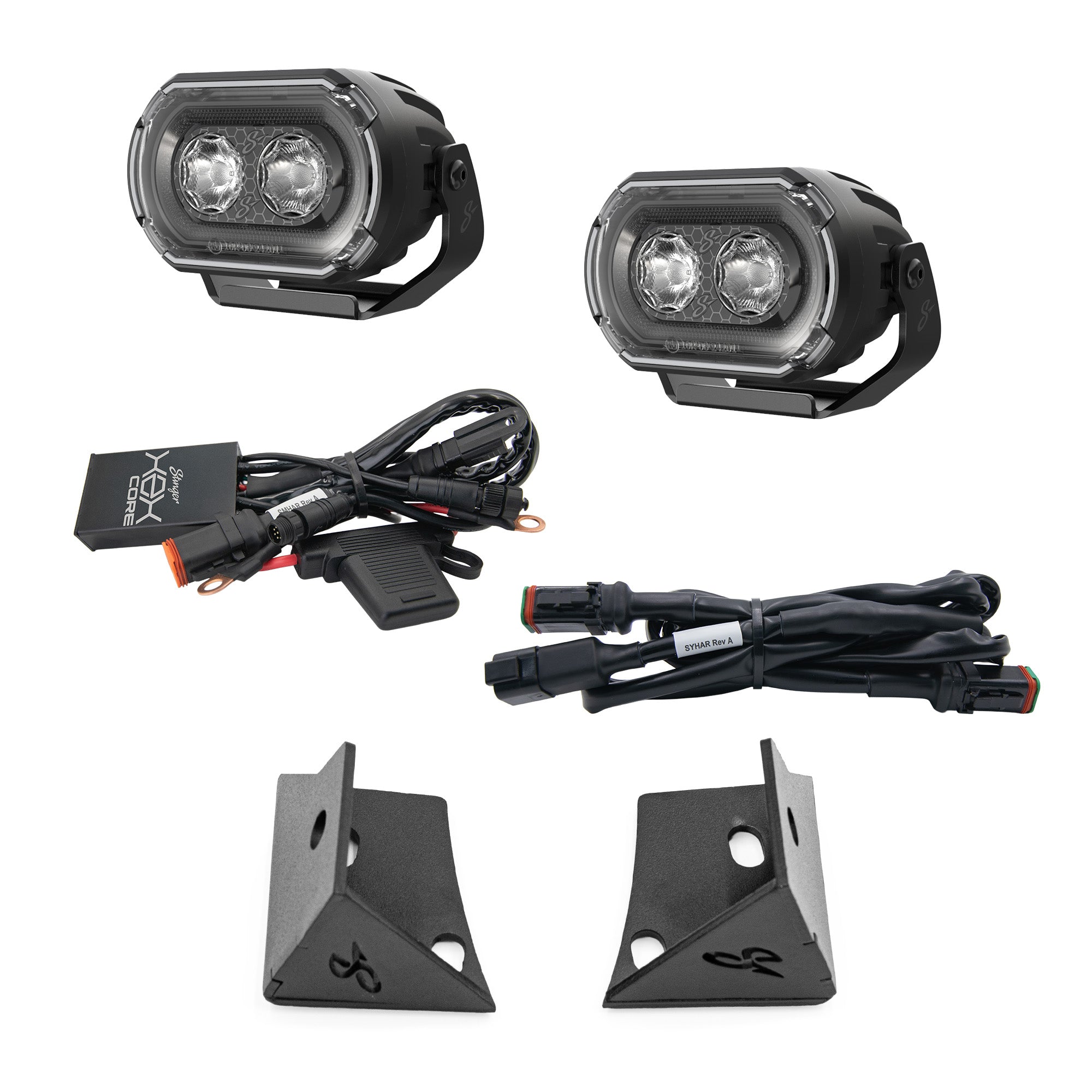 A 4-light black off-road LED fog light kit with two lights, two mounting brackets, and wiring harnesses on a white background.