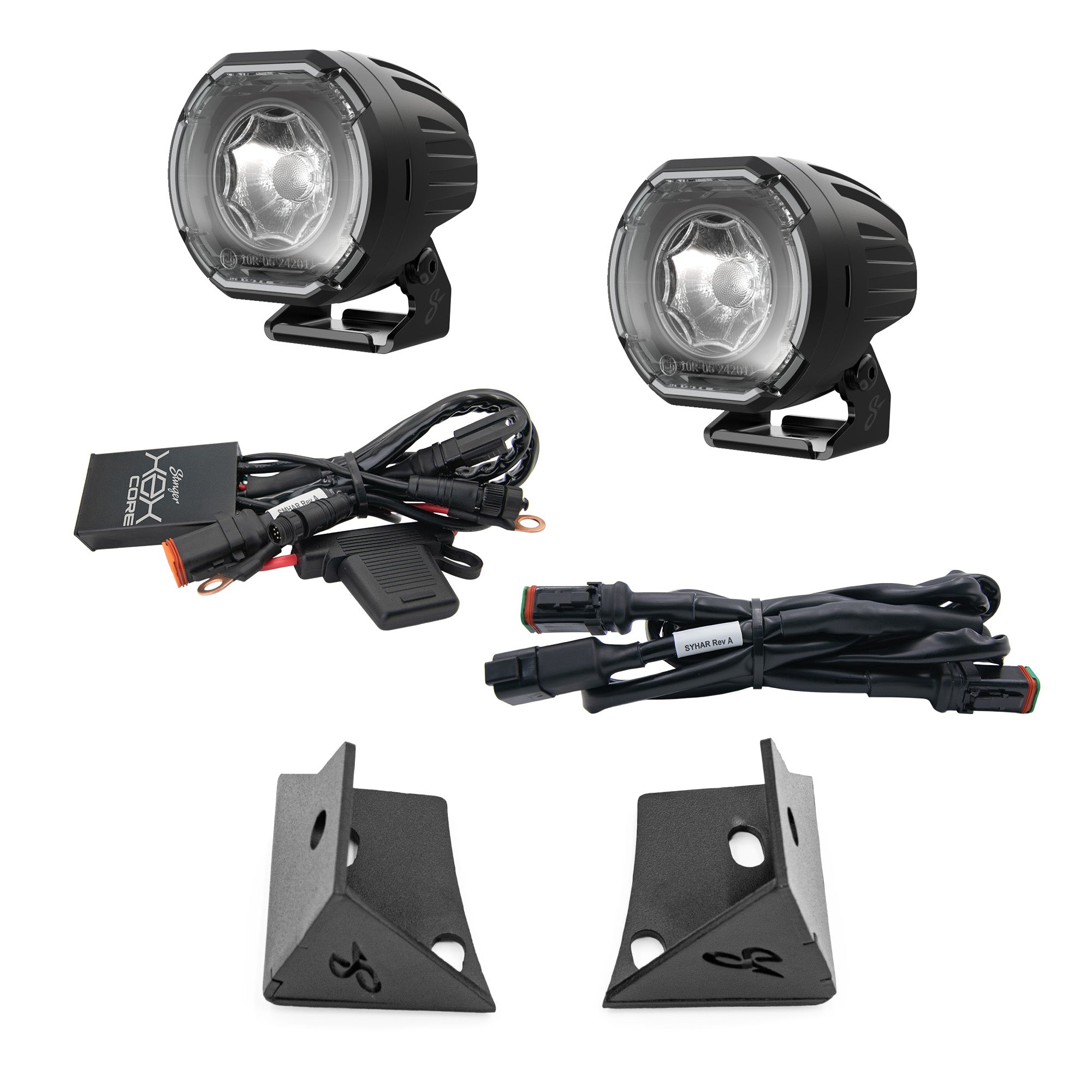 A pair of black off-road LED fog lights with mounting brackets, along with wiring harnesses and two triangular mounting brackets, displayed on a clean white background.