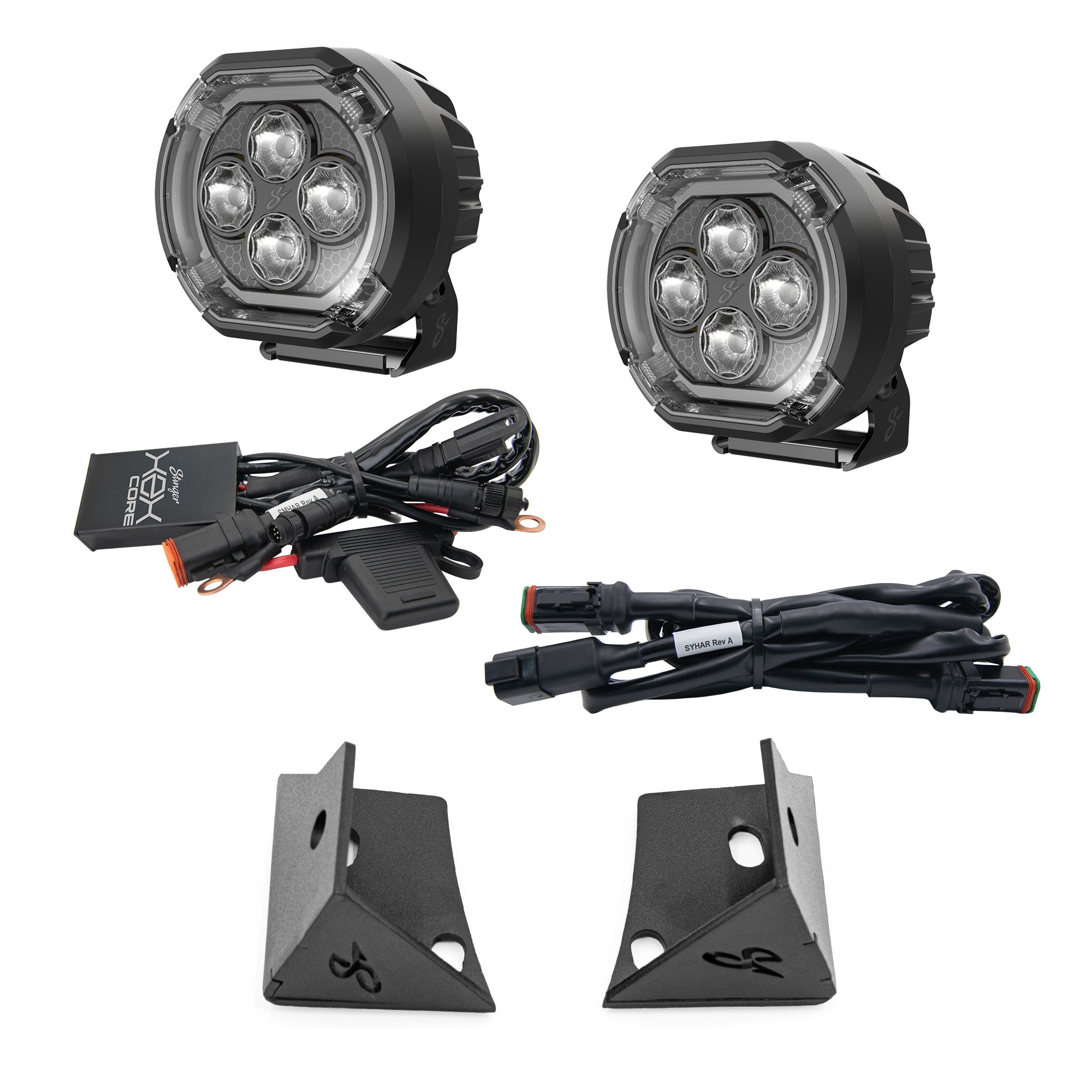 A pair of black 4-LED off-road LED work lights with mounting brackets, wiring harnesses, and a fuse holder, arranged on a clean white background.