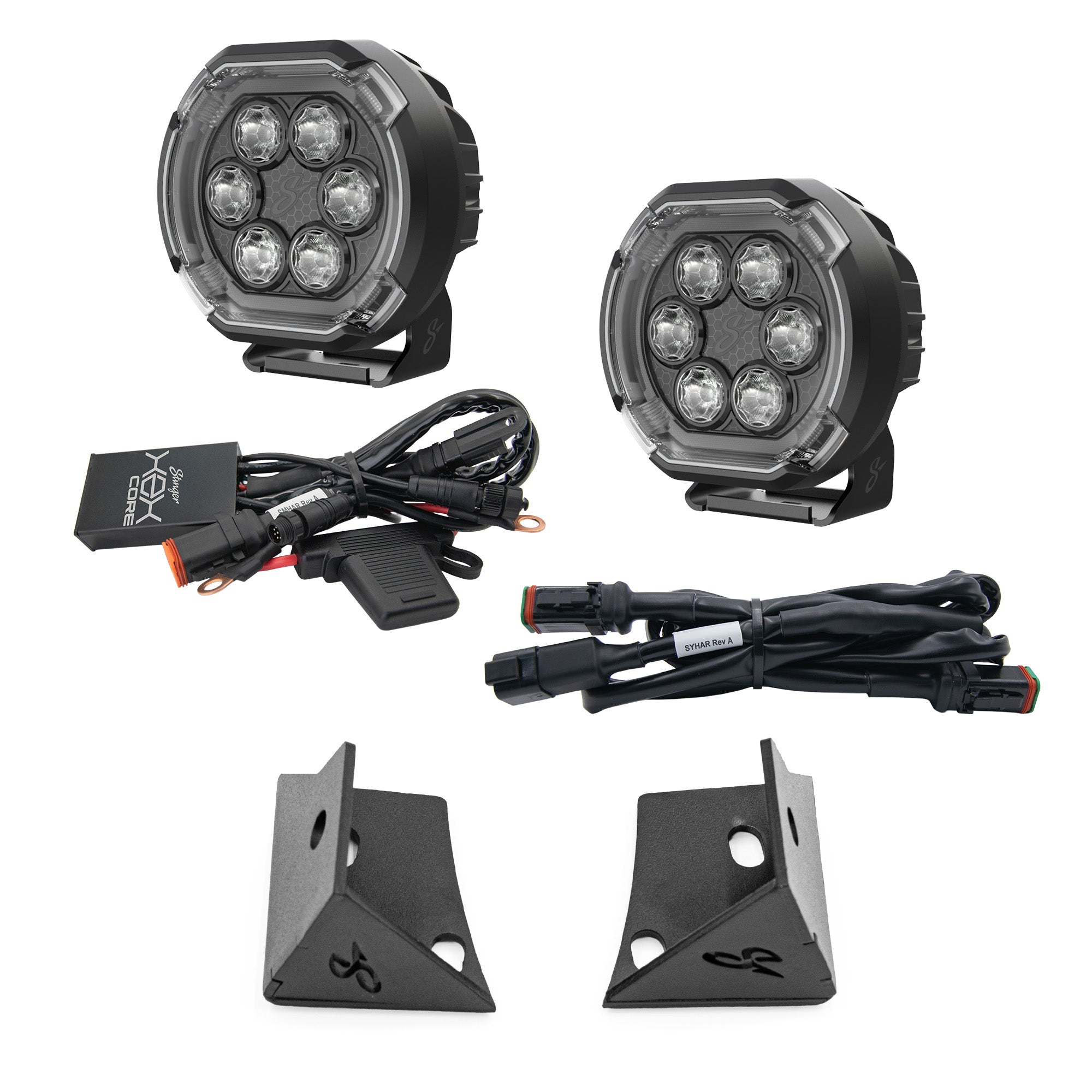 A pair of black 6-light LED off-road vehicle lights with mounting brackets, wiring harnesses, and a fuse, displayed on a clean white background.