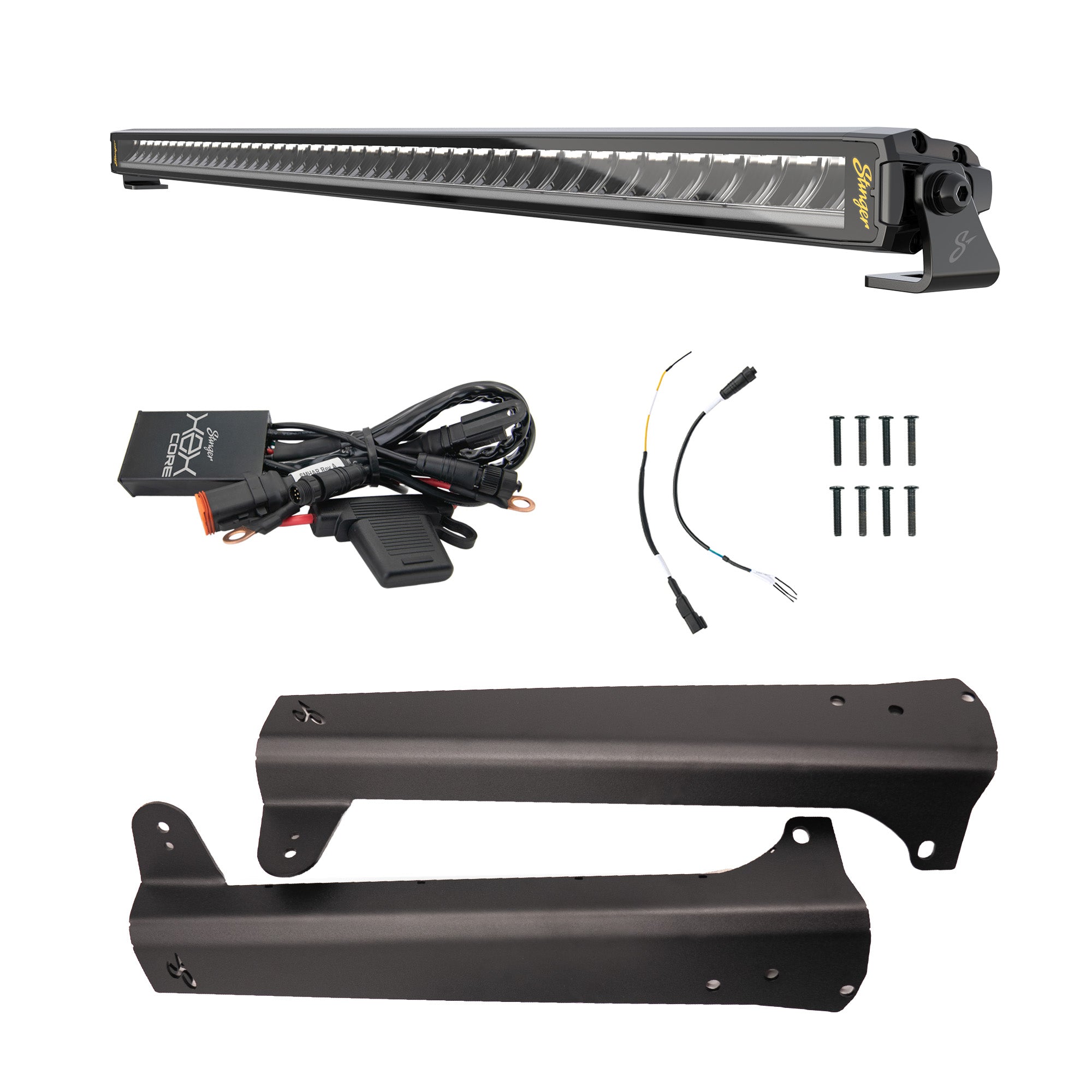 Stinger LED light bar kit with wiring harness mounting brackets and hardware