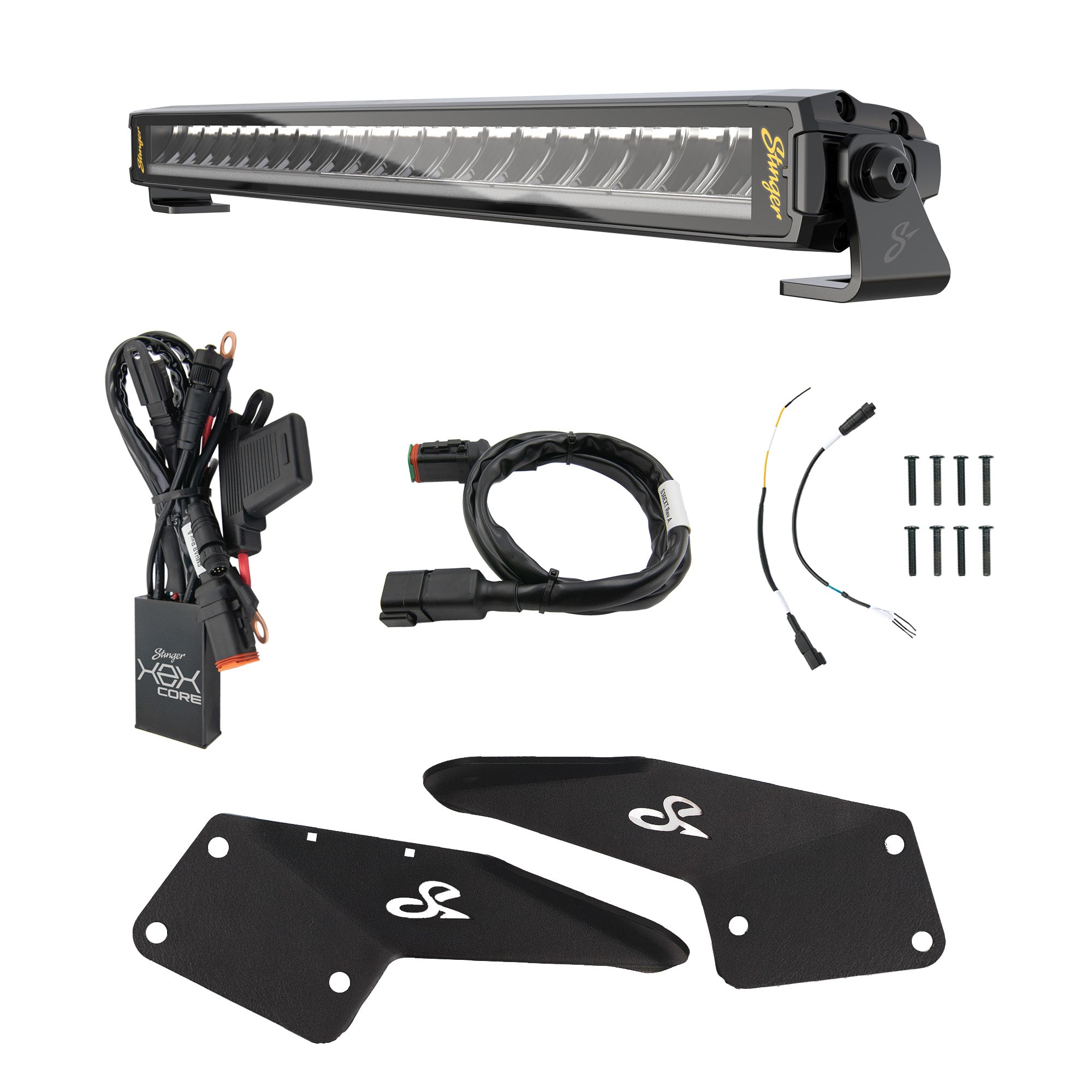 Stinger LED light bar kit with wiring harness, mounting brackets, and hardware