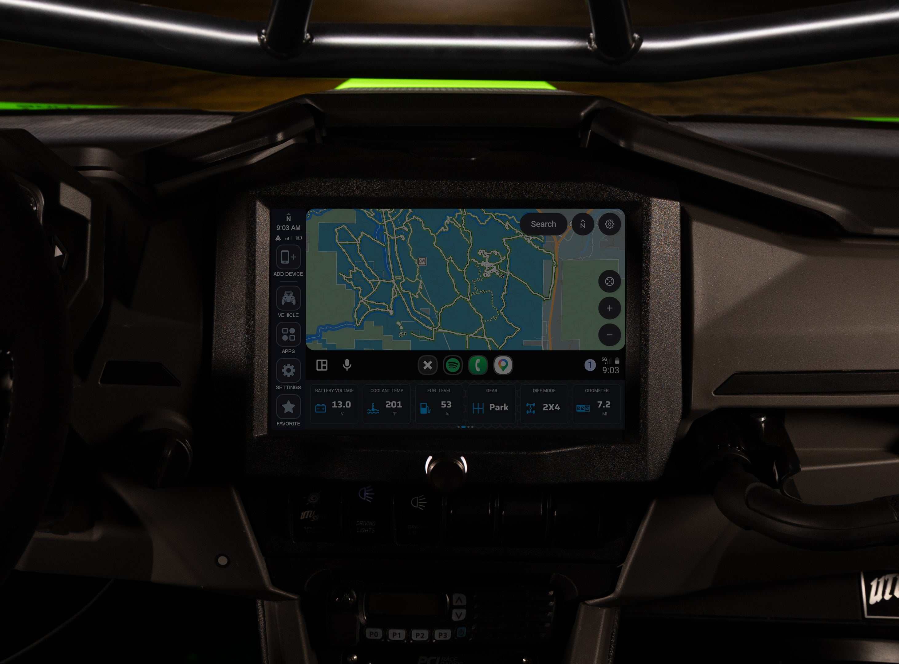 Digital dashboard display showing navigation map and vehicle telemetry data