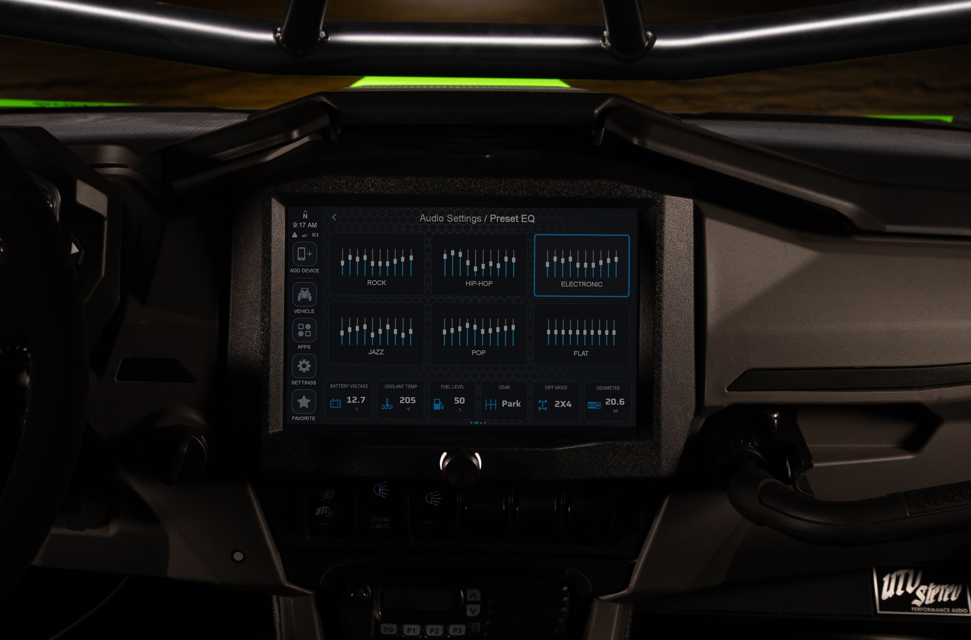Digital dashboard display showing audio equalizer settings and vehicle status information