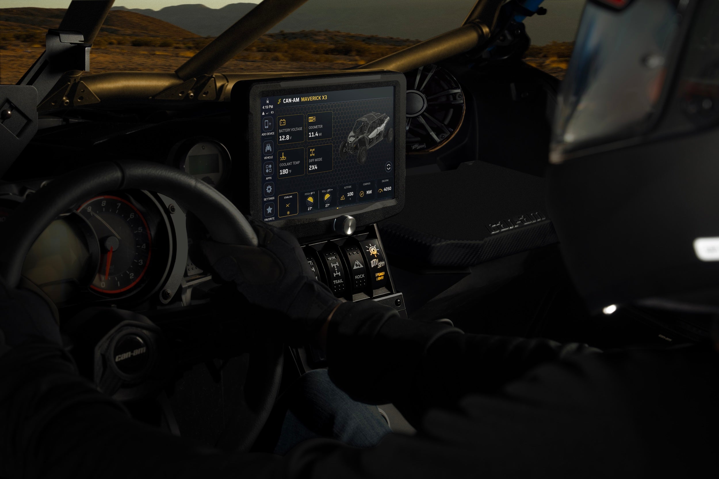 Can-Am Maverick X3 digital dashboard display showing vehicle telemetry and settings