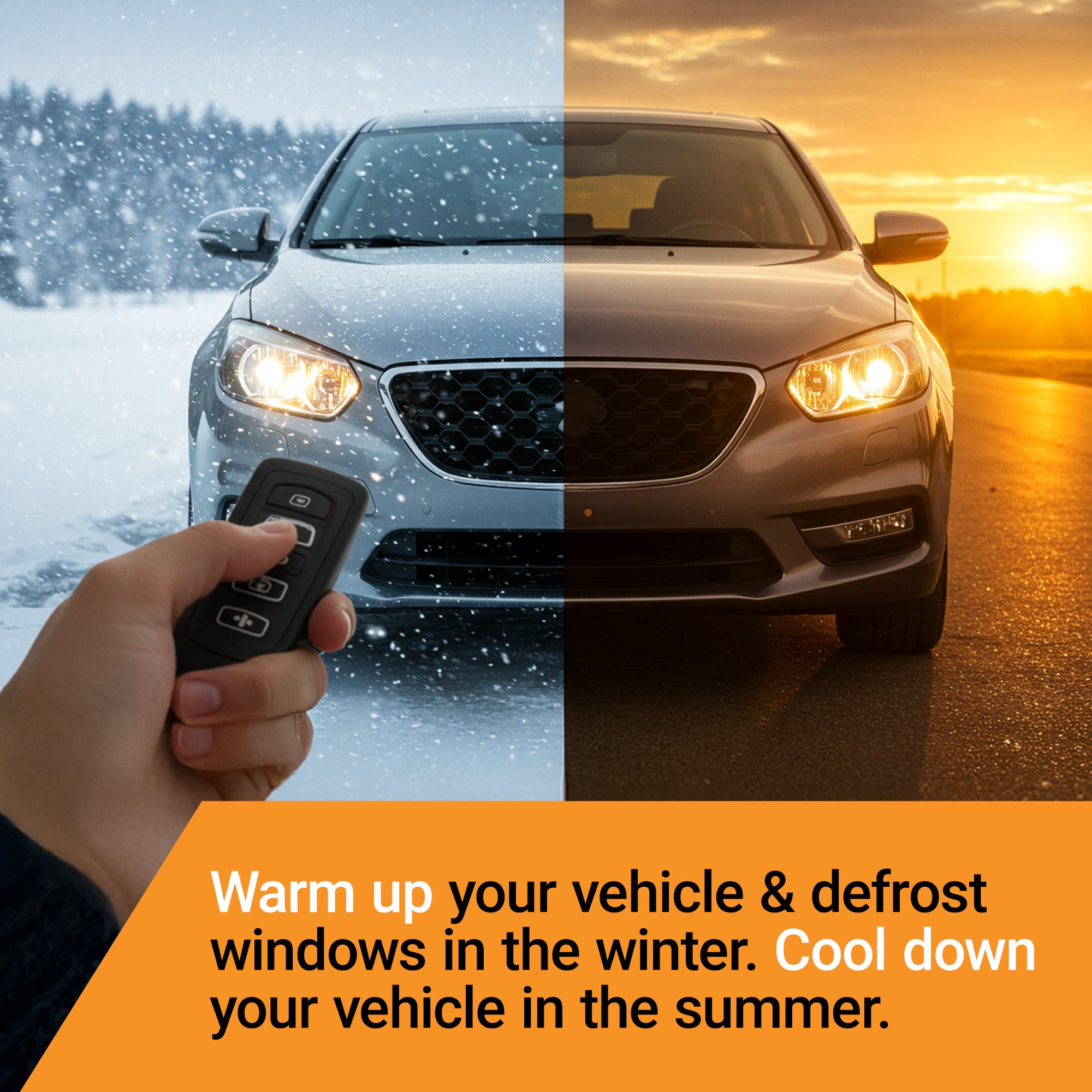 A split-screen promotional graphic showing a car front end in winter snow on the left and a car on a sunset road on the right, with a hand holding a remote control in the lower left. Text at the bottom reads, 'Warm up your vehicle & defrost windows in the winter.